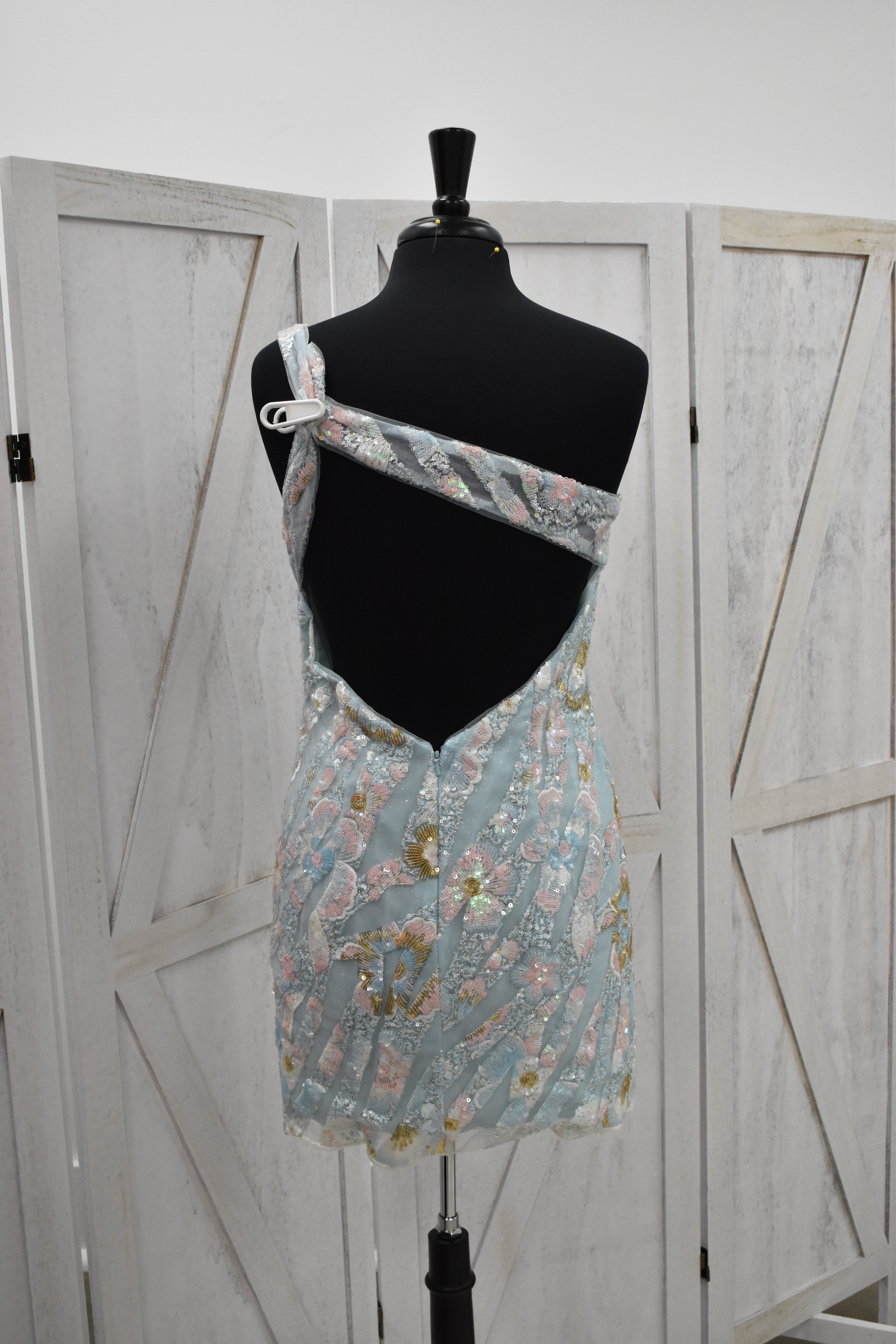 Powder Blue Floral Embroidered One-Shoulder Bodycon Mini Dress with Beaded Fringe Hem