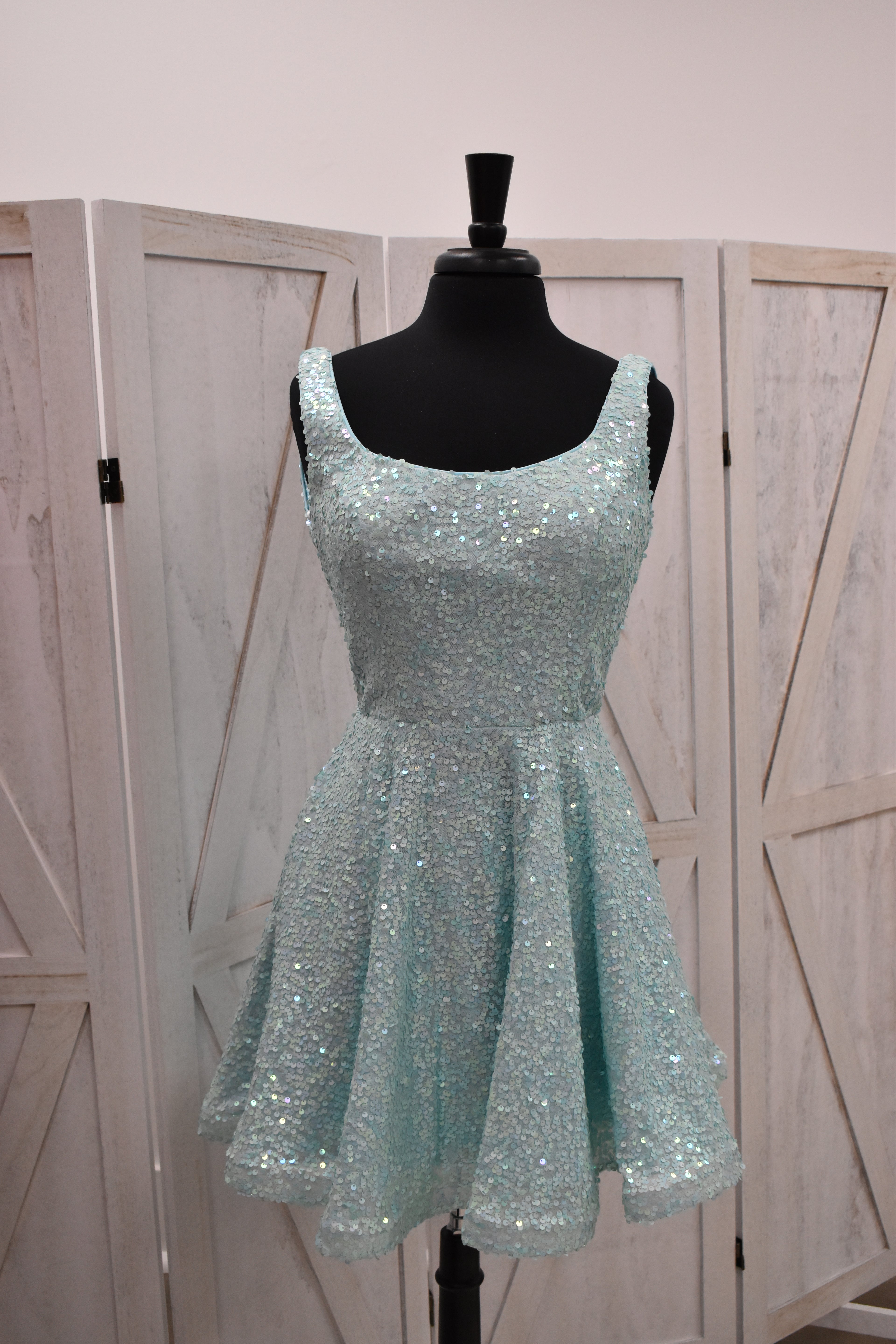 Mint Iridescent Sequin Scoop Neck Skater Mini Dress