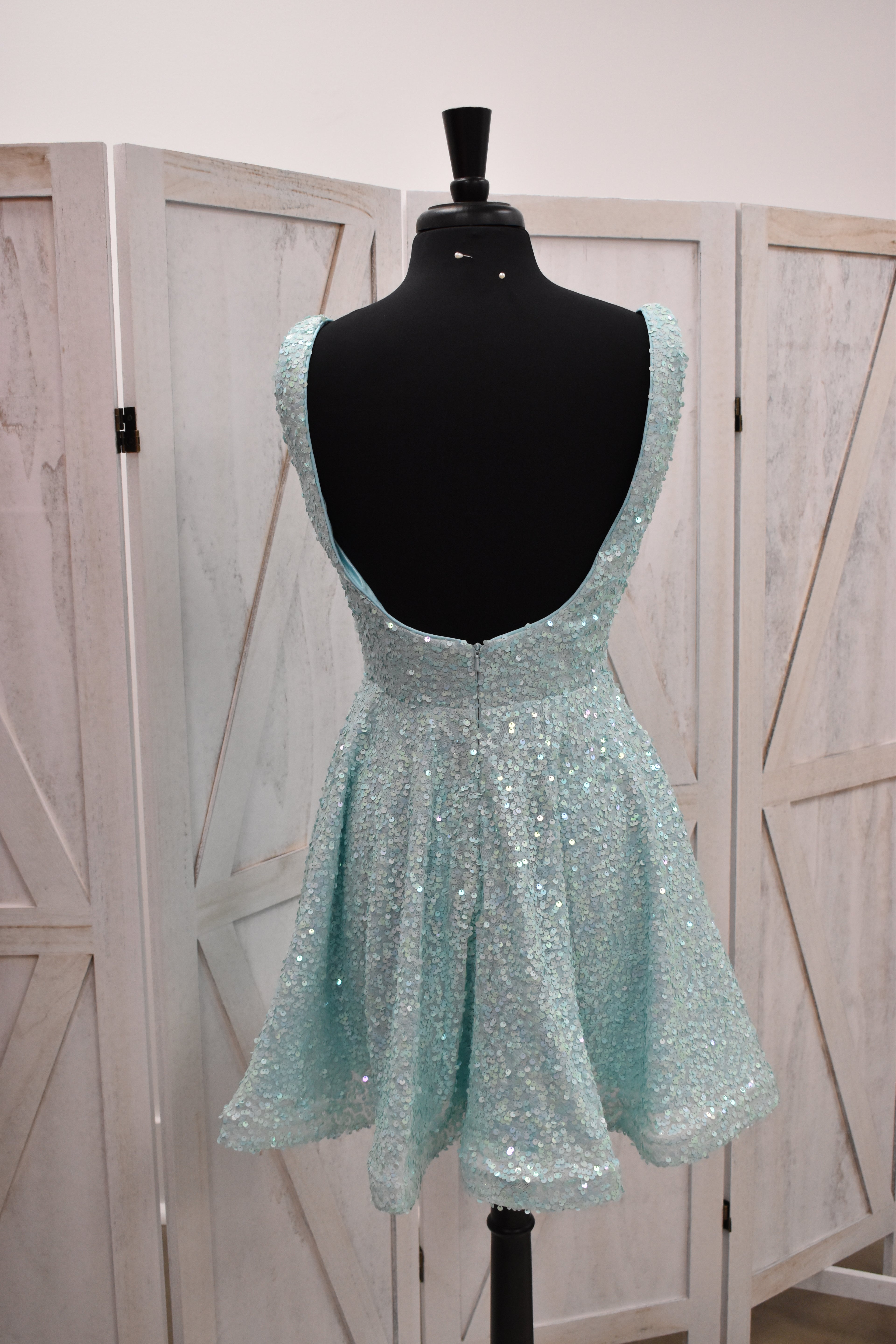 Mint Iridescent Sequin Scoop Neck Skater Mini Dress
