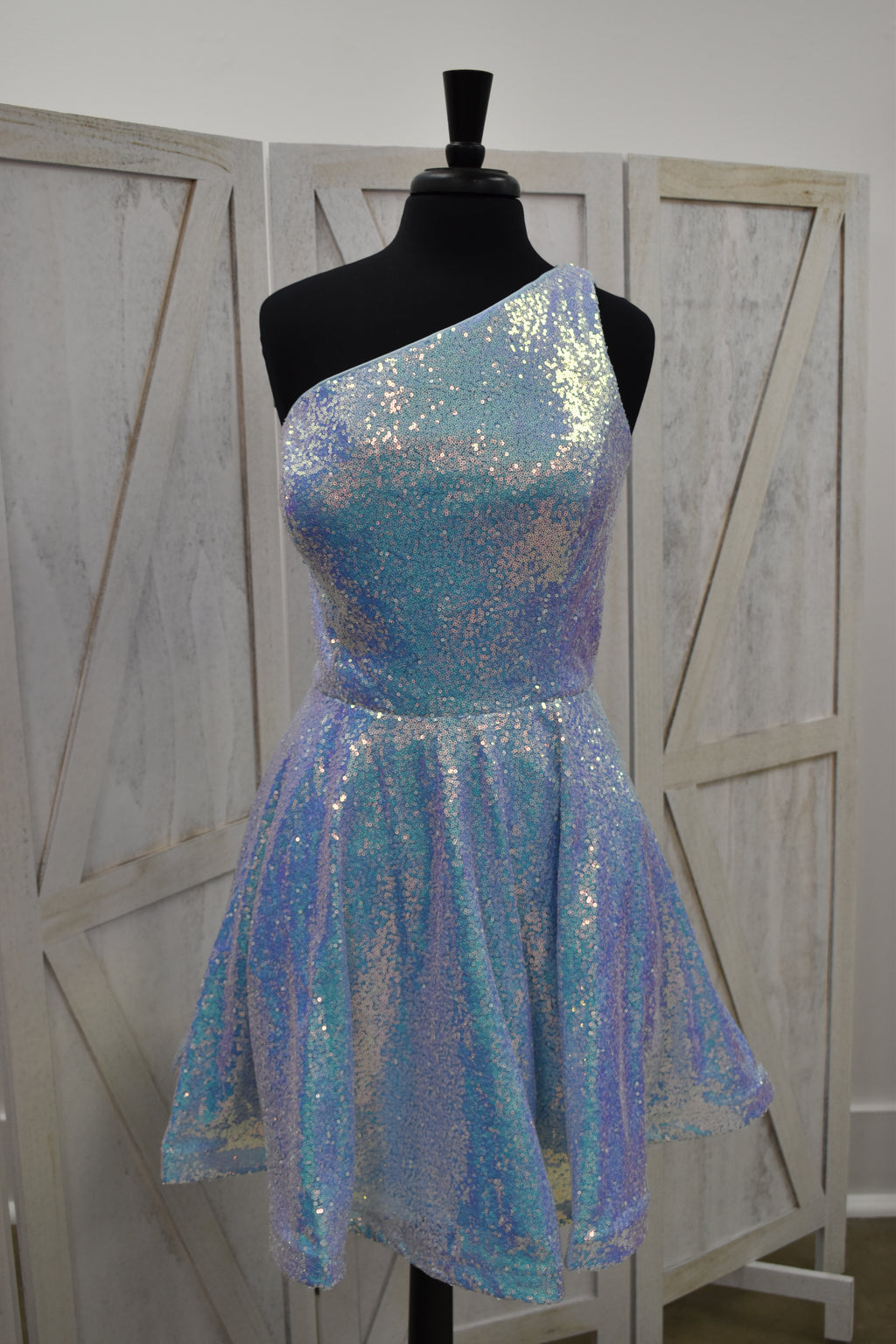 Periwinkle Iridescent Sequin One-Shoulder Skater Mini Dress