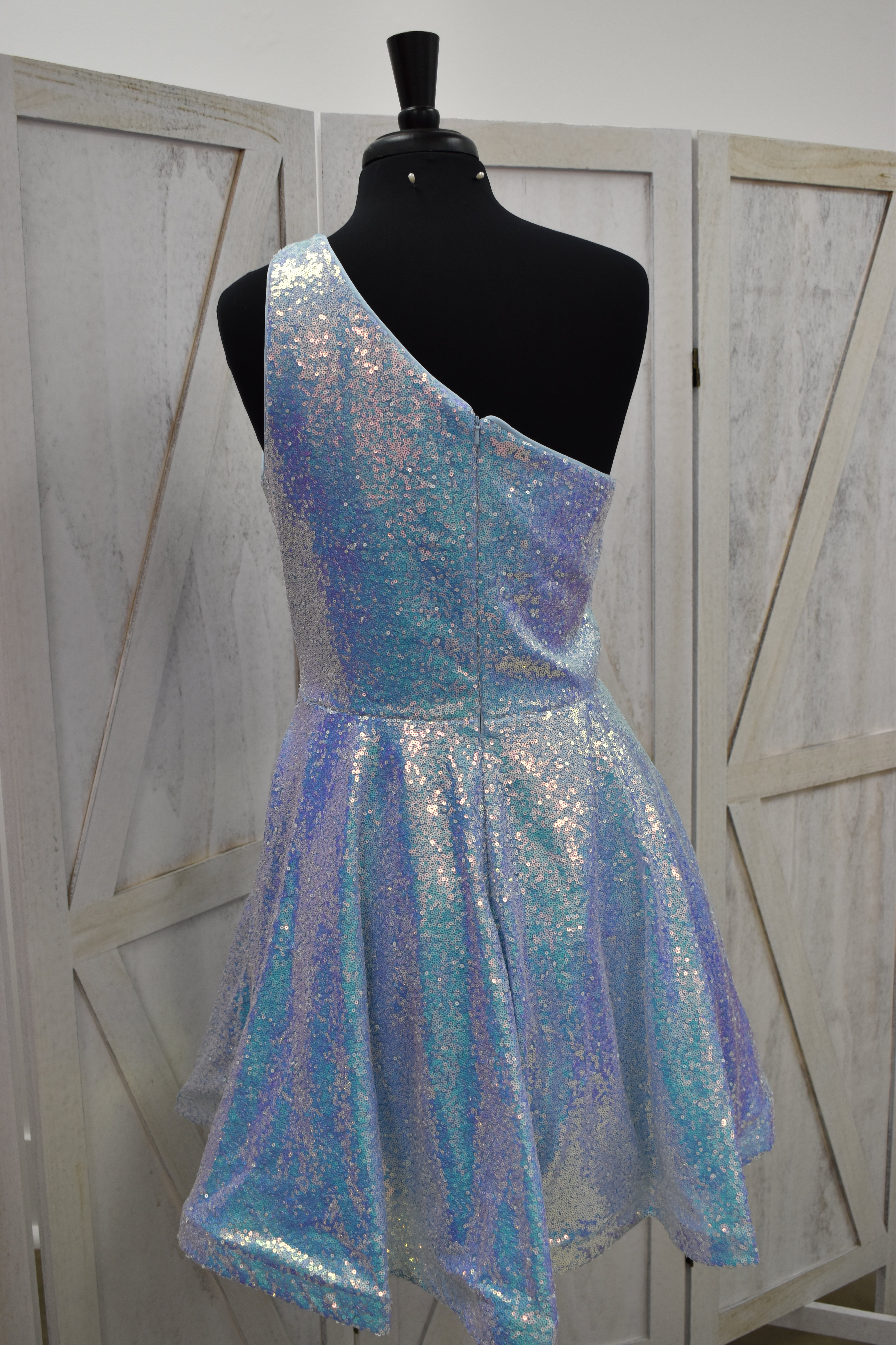 Periwinkle Iridescent Sequin One-Shoulder Skater Mini Dress