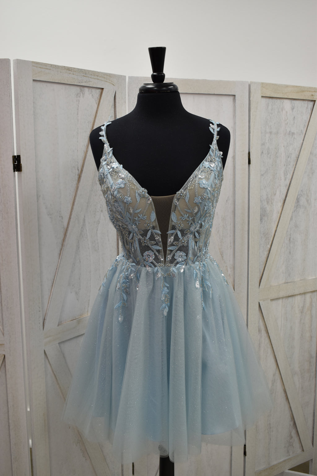 Powder Blue Beaded Lace Deep V-Neck Tulle Skater Mini Dress