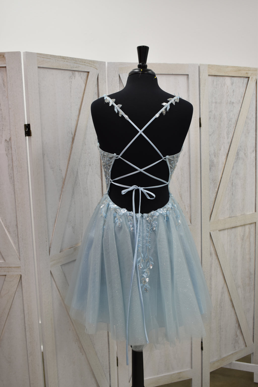 Powder Blue Beaded Lace Deep V-Neck Tulle Skater Mini Dress