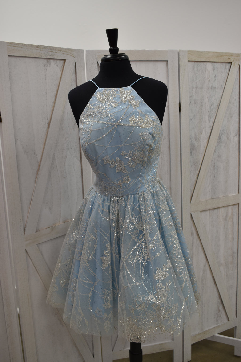 Powder Blue Gold Glitter Floral Halter Skater Mini Dress