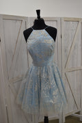 Powder Blue Gold Glitter Floral Halter Skater Mini Dress