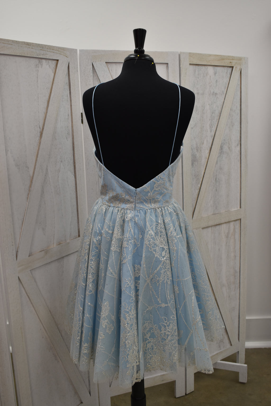 Powder Blue Gold Glitter Floral Halter Skater Mini Dress