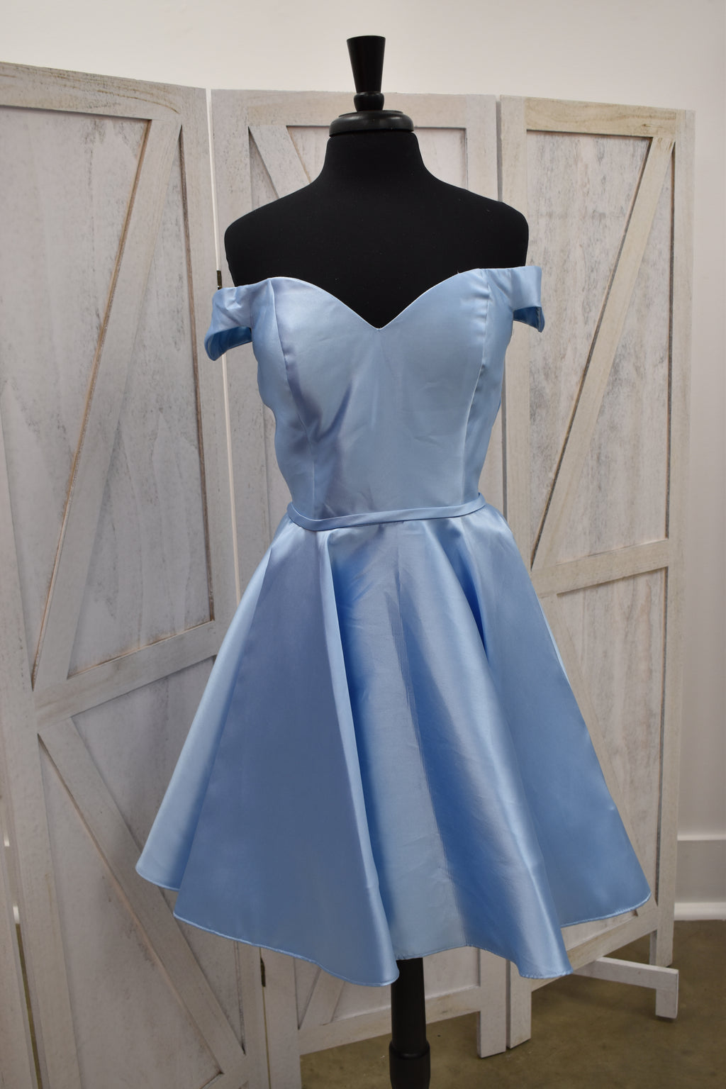 Powder Blue Satin Off-Shoulder Sweetheart Skater Mini Dress