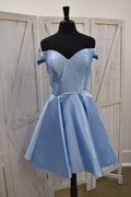 Powder Blue Satin Off-Shoulder Sweetheart Skater Mini Dress