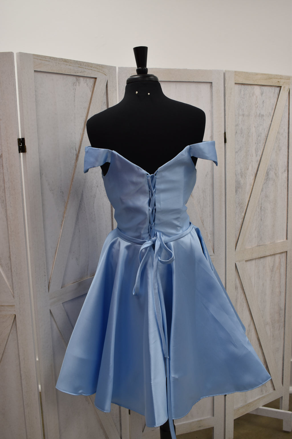 Powder Blue Satin Off-Shoulder Sweetheart Skater Mini Dress