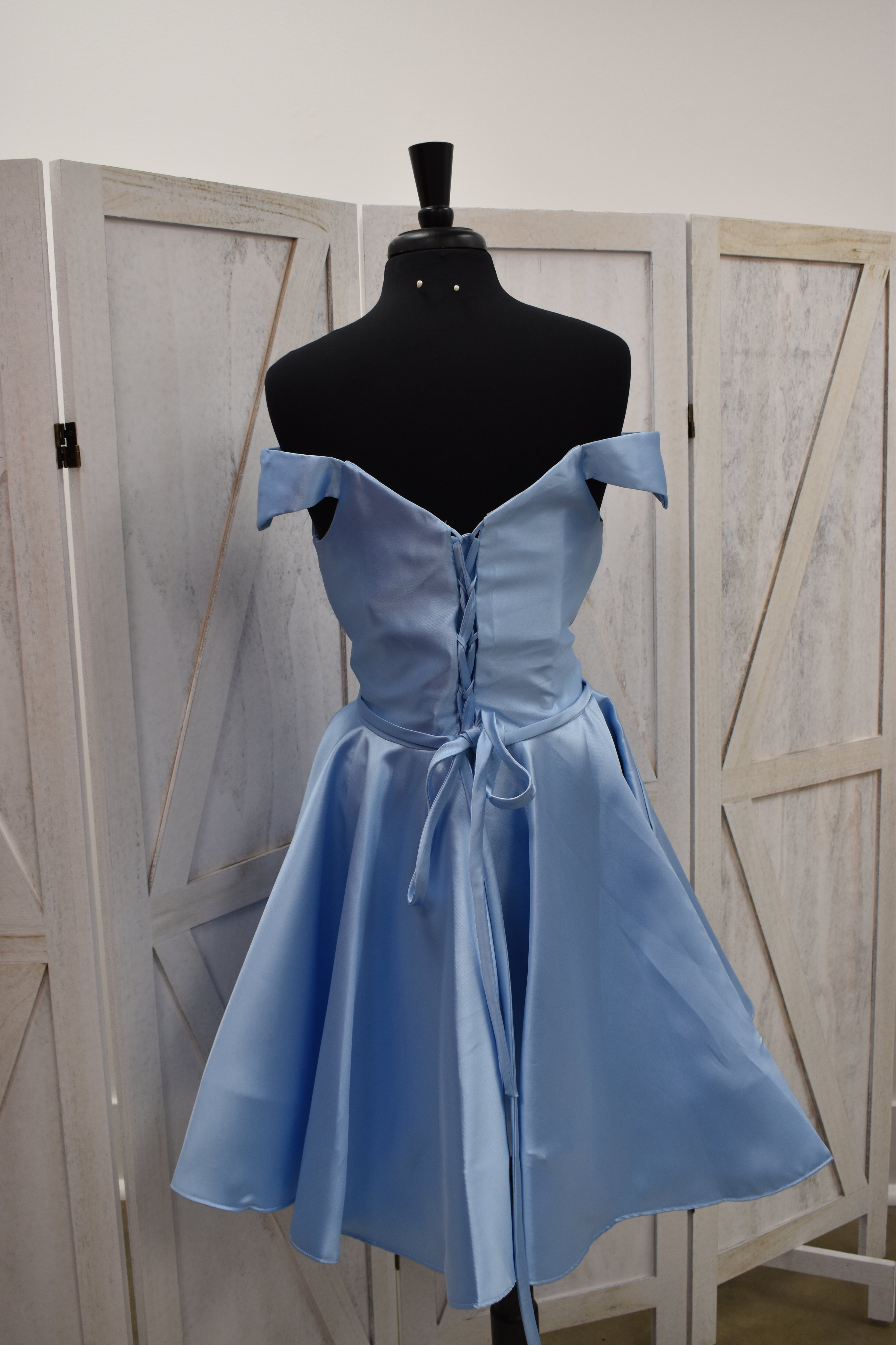 Powder Blue Satin Off-Shoulder Sweetheart Skater Mini Dress