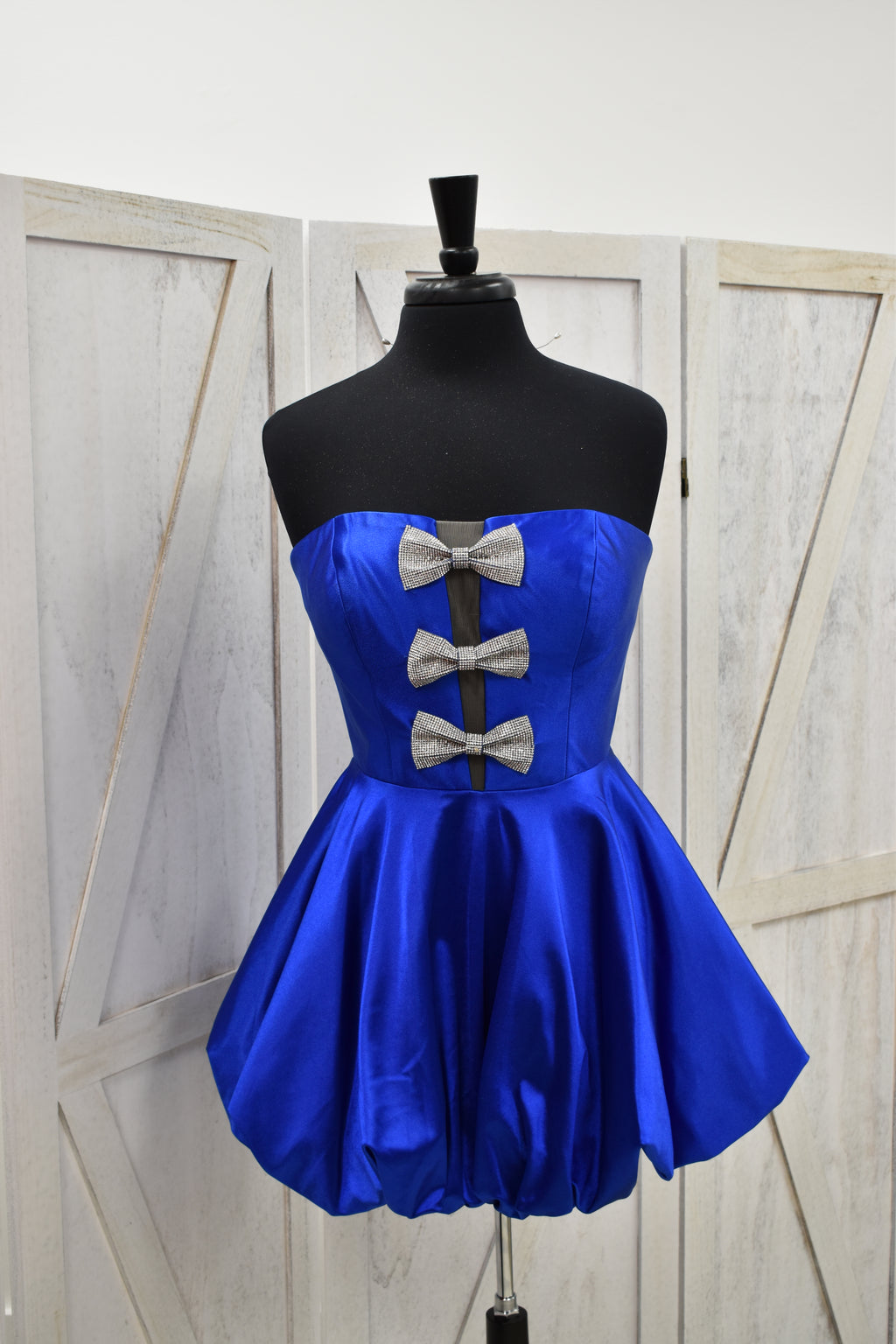 Royal Blue Satin Strapless Corset Crystal Bow Bubble Hem Mini Dress
