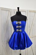 Royal Blue Satin Strapless Corset Crystal Bow Bubble Hem Mini Dress