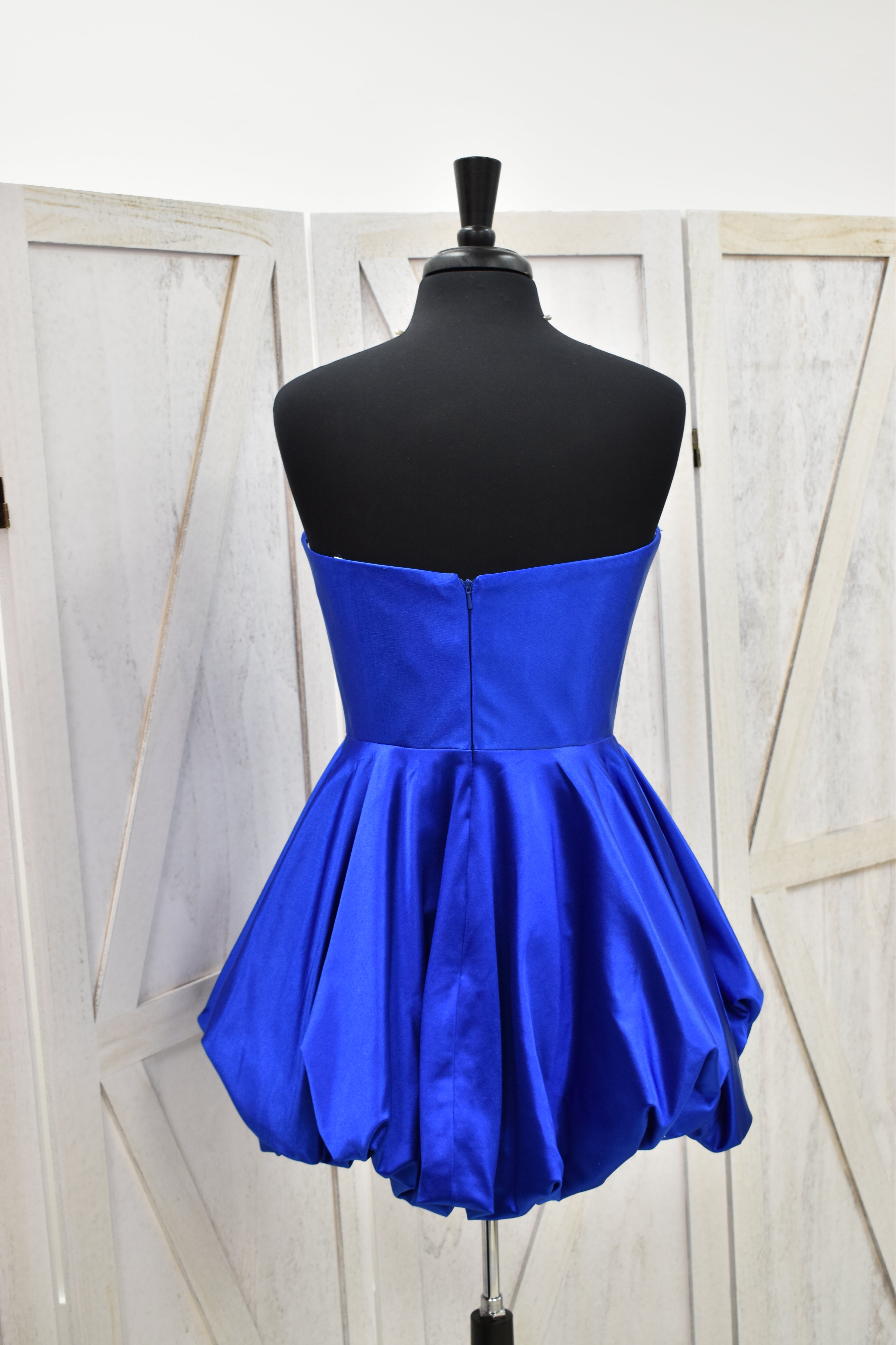 Royal Blue Satin Strapless Corset Crystal Bow Bubble Hem Mini Dress
