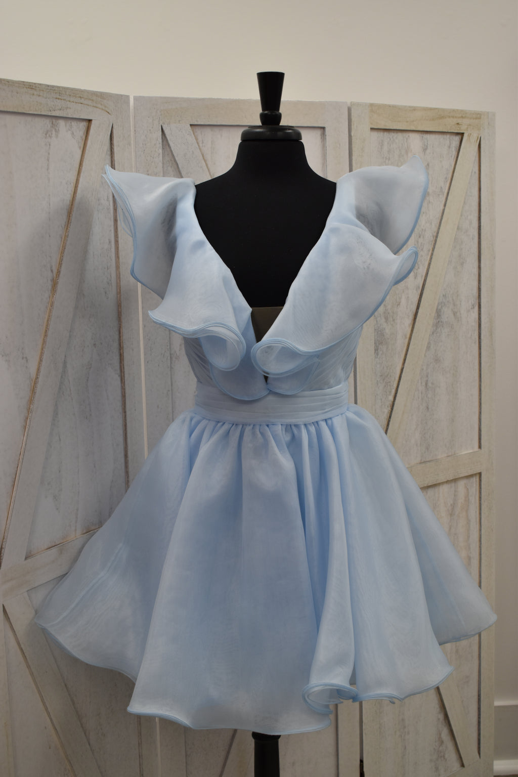 Powder Blue Dramatic Ruffle Deep V-Neck Skater Mini Dress