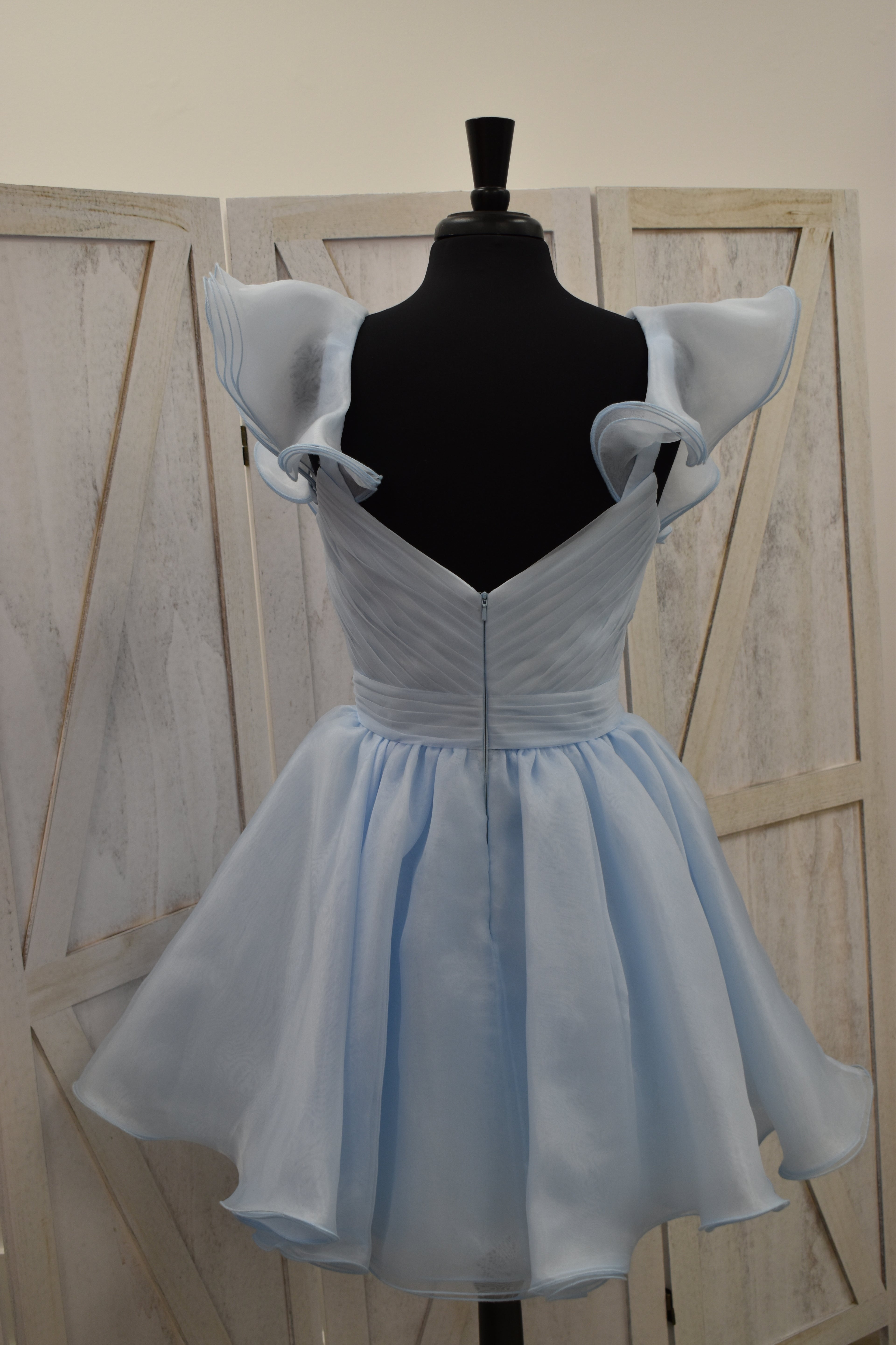 Powder Blue Dramatic Ruffle Deep V-Neck Skater Mini Dress