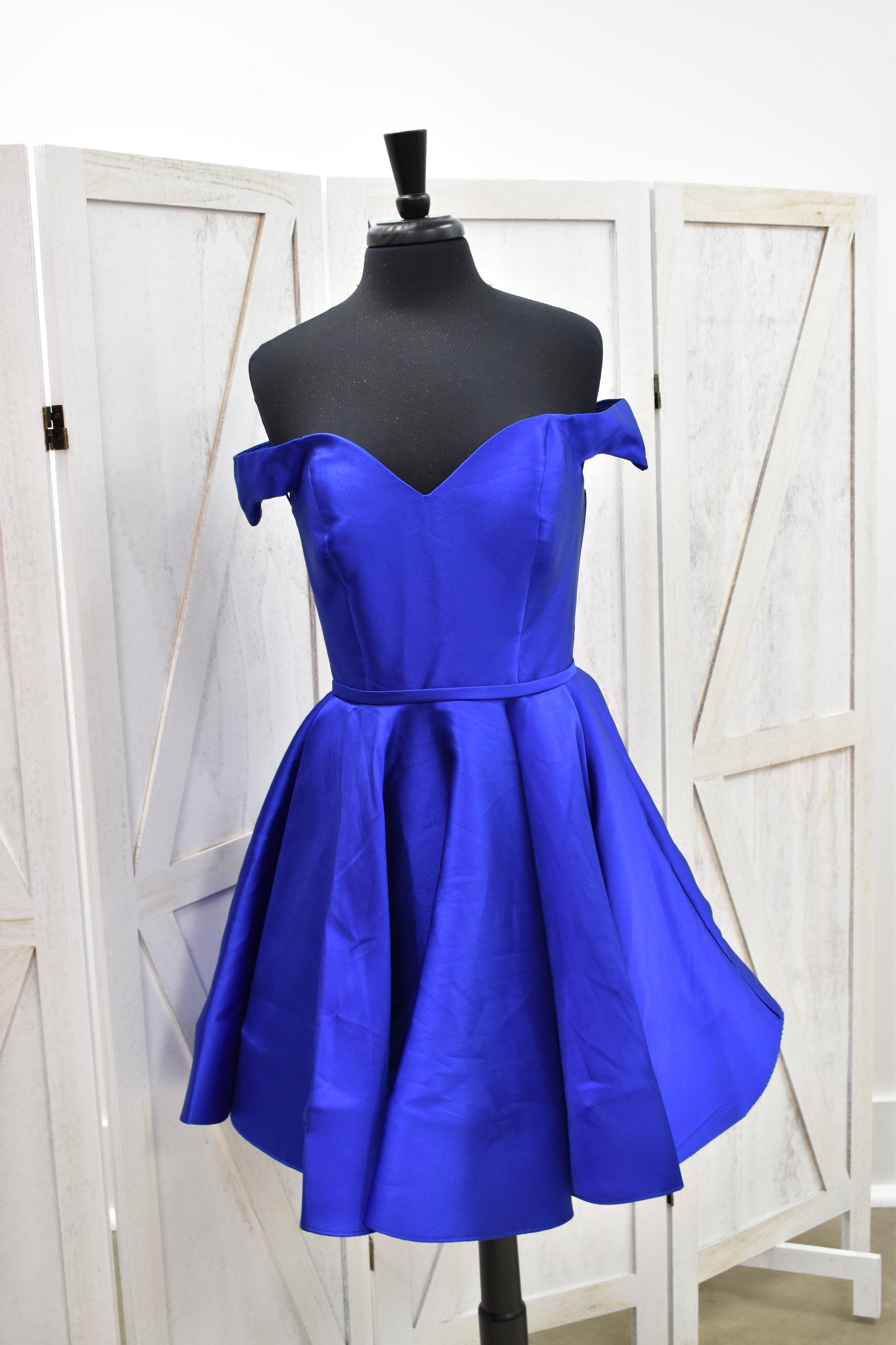 Royal Blue Off-Shoulder Satin A-Line Mini Dress