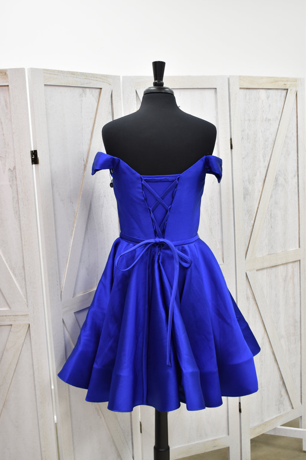 Royal Blue Off-Shoulder Satin A-Line Mini Dress