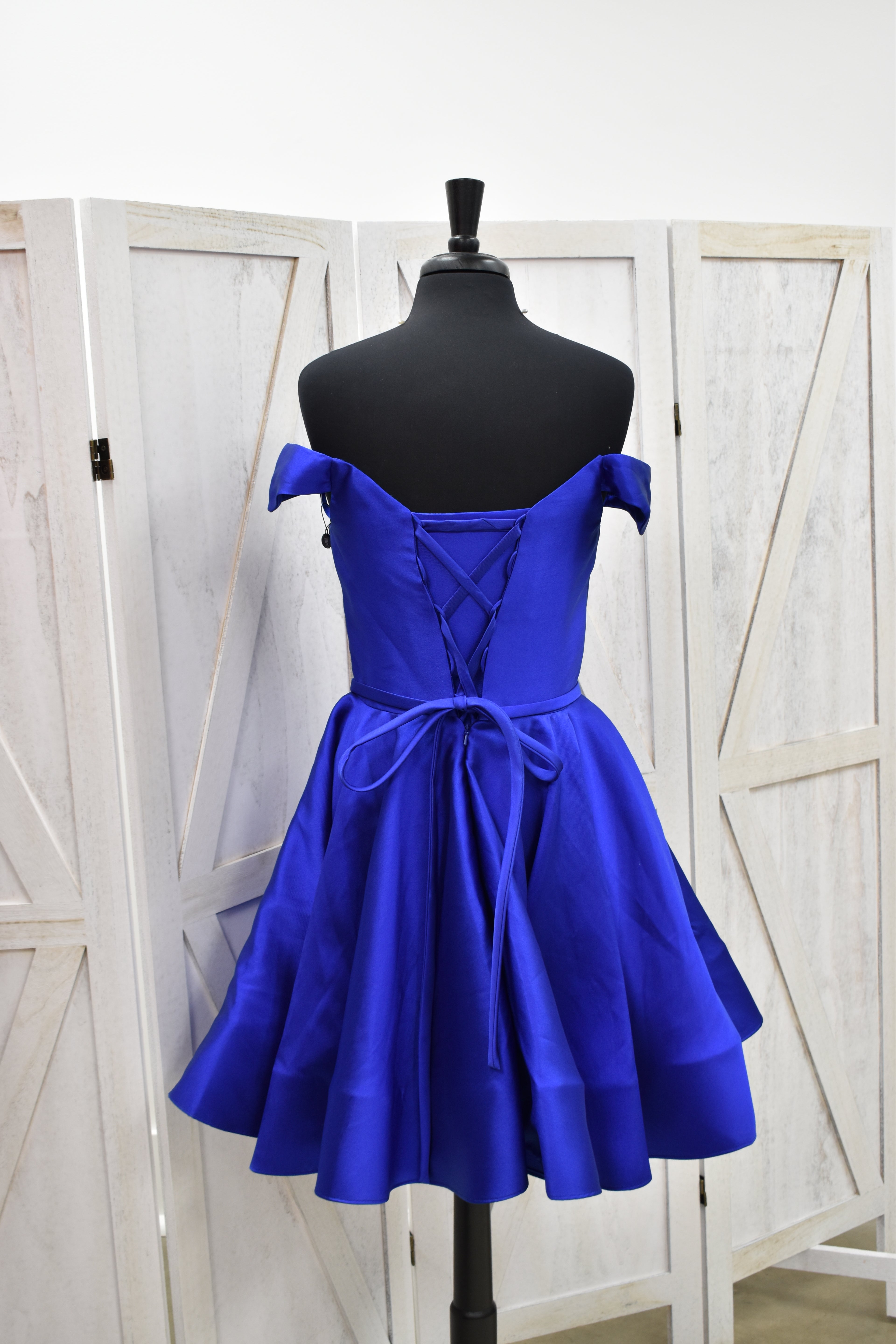 Royal Blue Off-Shoulder Satin A-Line Mini Dress