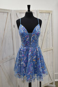 Periwinkle Paisley Sequin A-Line Mini Dress