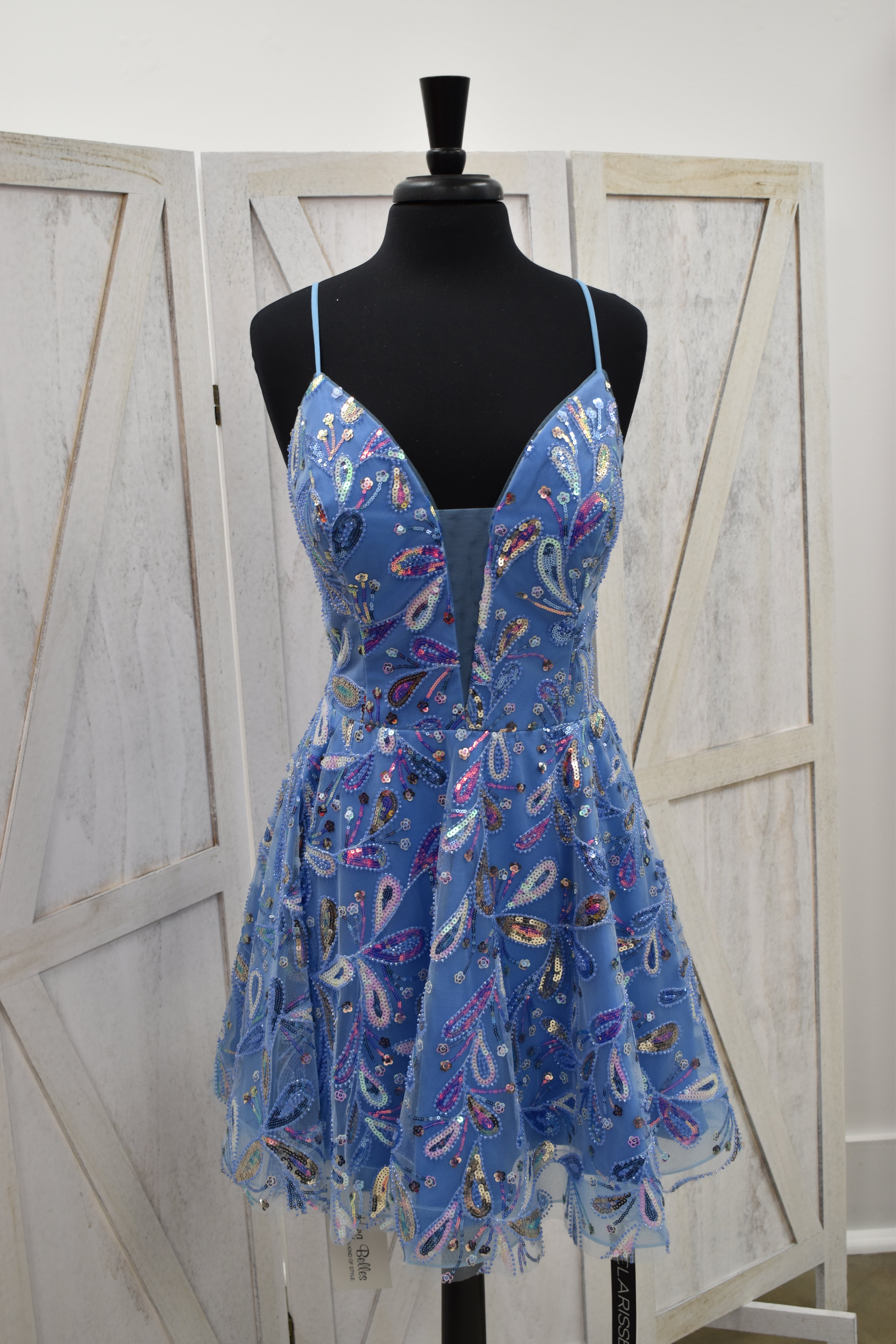 Periwinkle Paisley Sequin A-Line Mini Dress