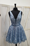 Dusty Blue Glitter Lace Deep V-Neck A-Line Mini Dress