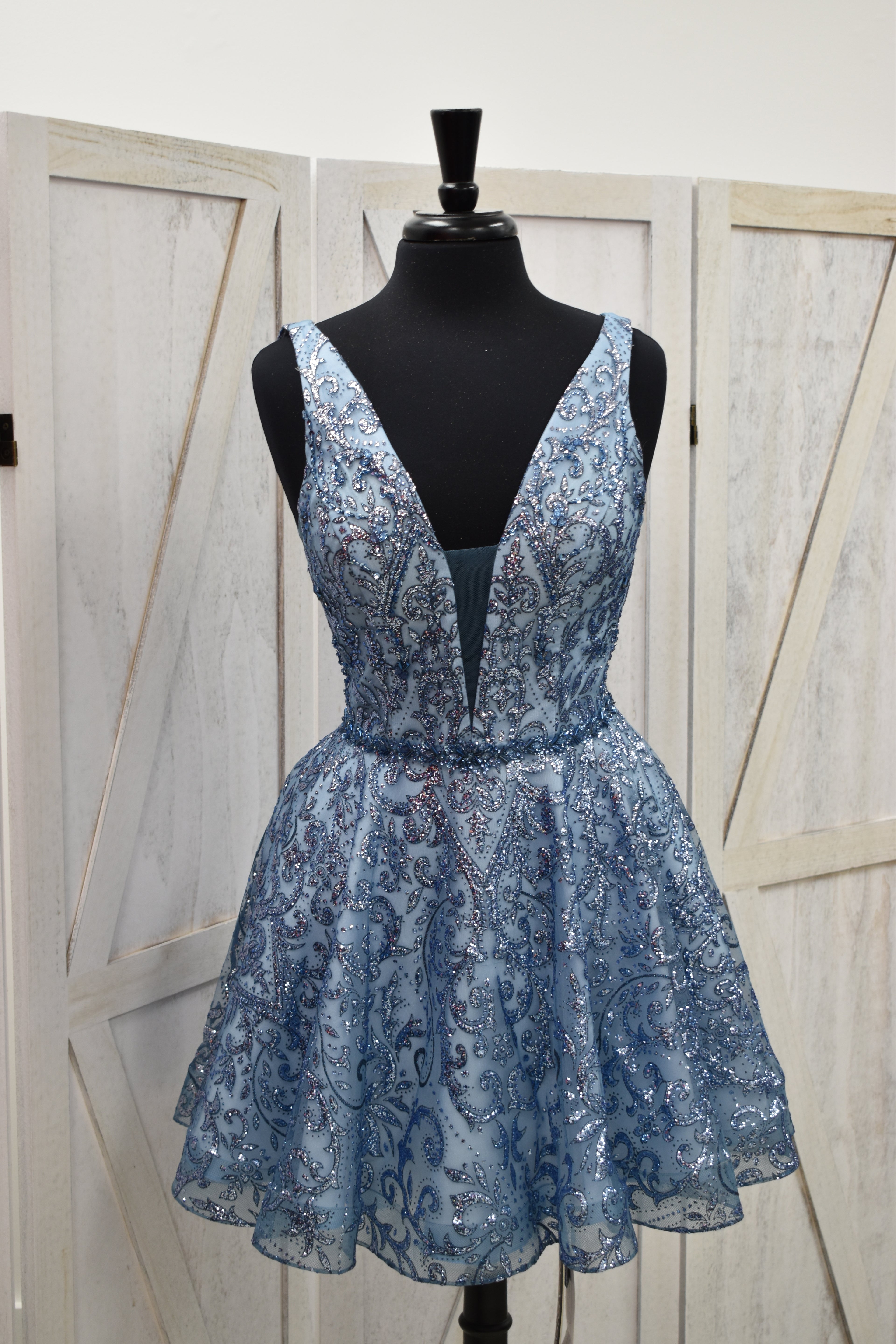 Dusty Blue Glitter Lace Deep V-Neck A-Line Mini Dress