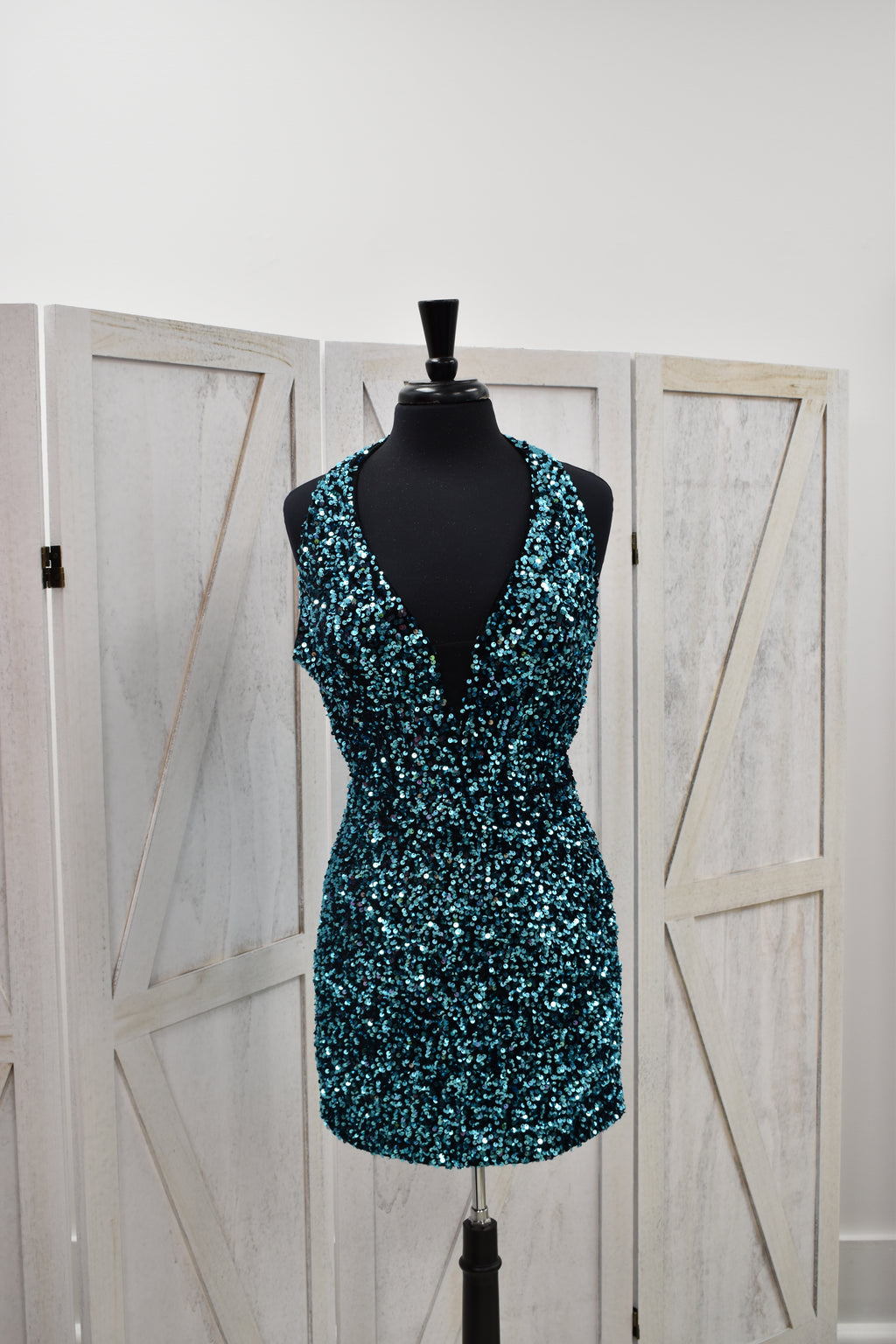 Teal Sequin Halter Backless Mini Dress