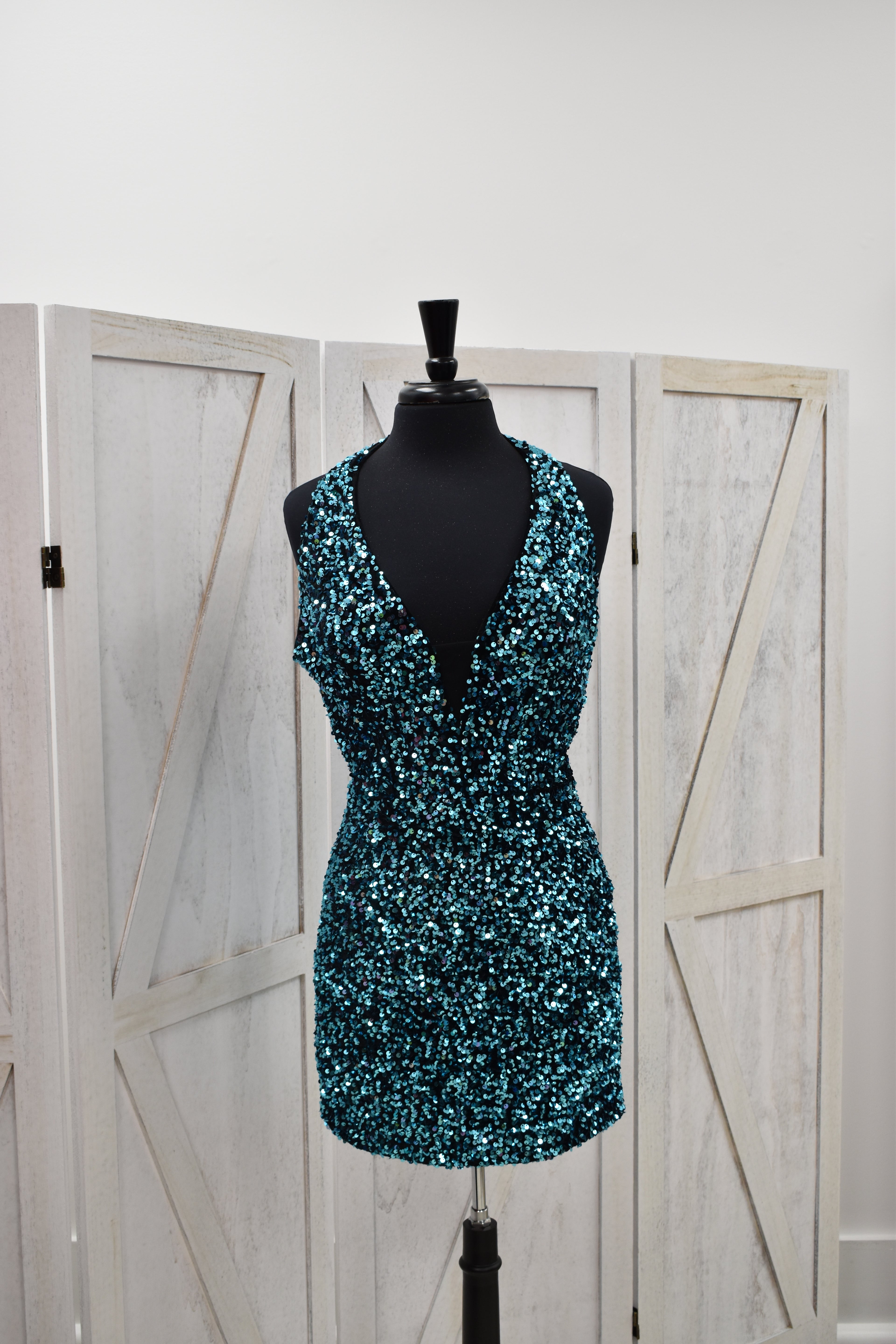 Teal Sequin Halter Backless Mini Dress