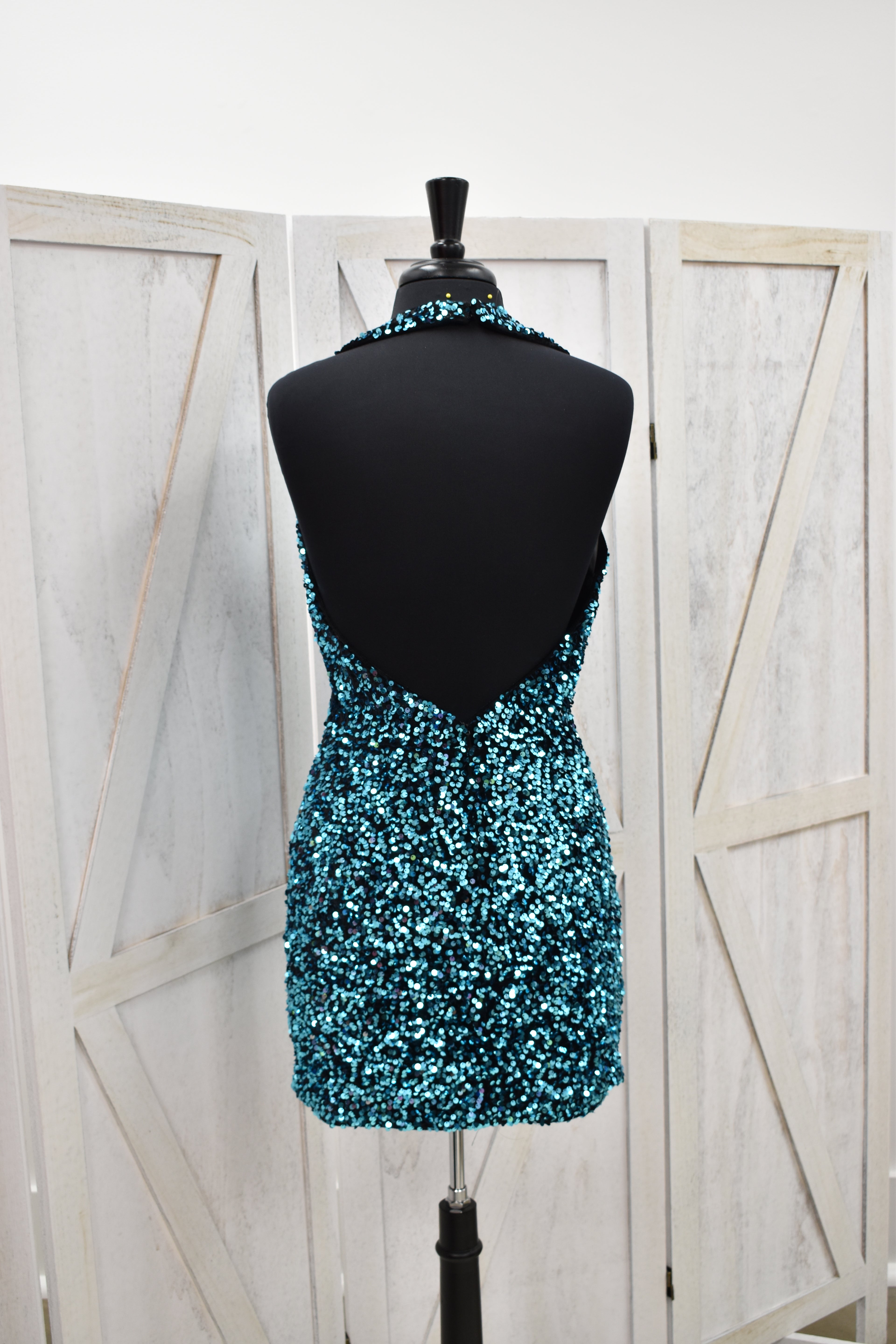 Teal Sequin Halter Backless Mini Dress
