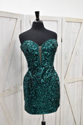 Emerald Green Sequin Strapless Corset Bodycon Mini Dress