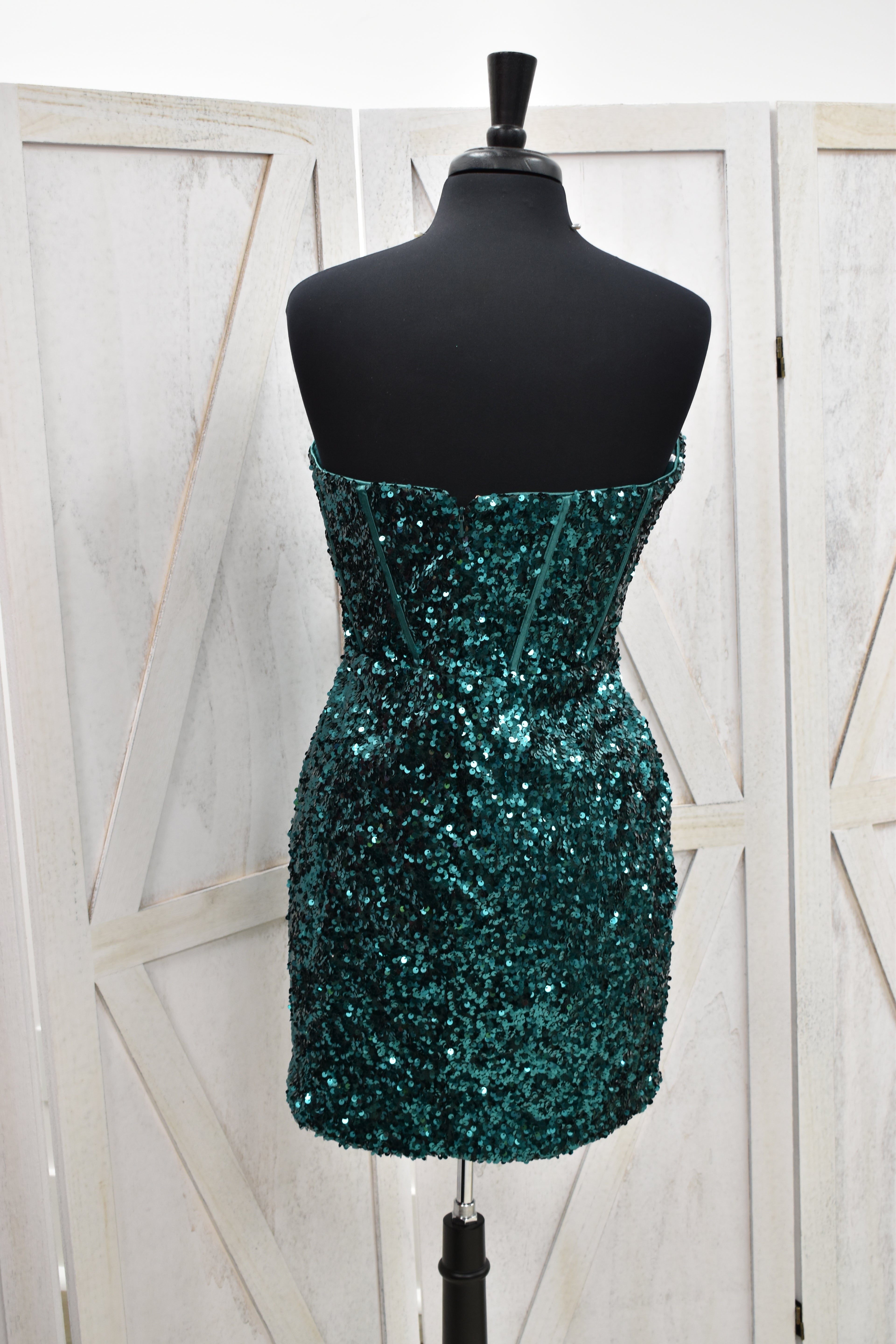 Emerald Green Sequin Strapless Corset Bodycon Mini Dress