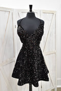 Black Sequin V-Neck Fit & Flare Mini Dress