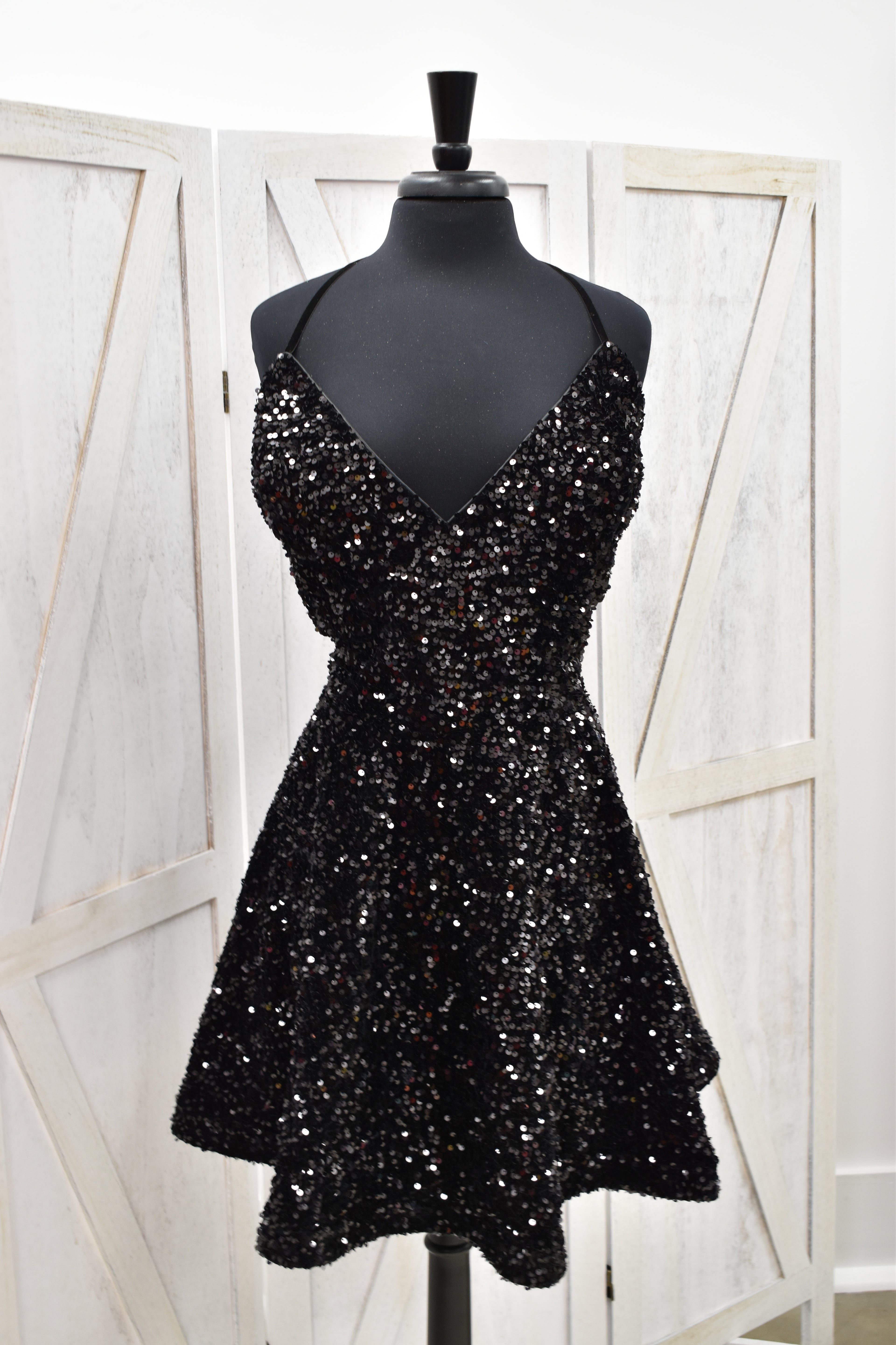 Black Sequin V-Neck Fit & Flare Mini Dress