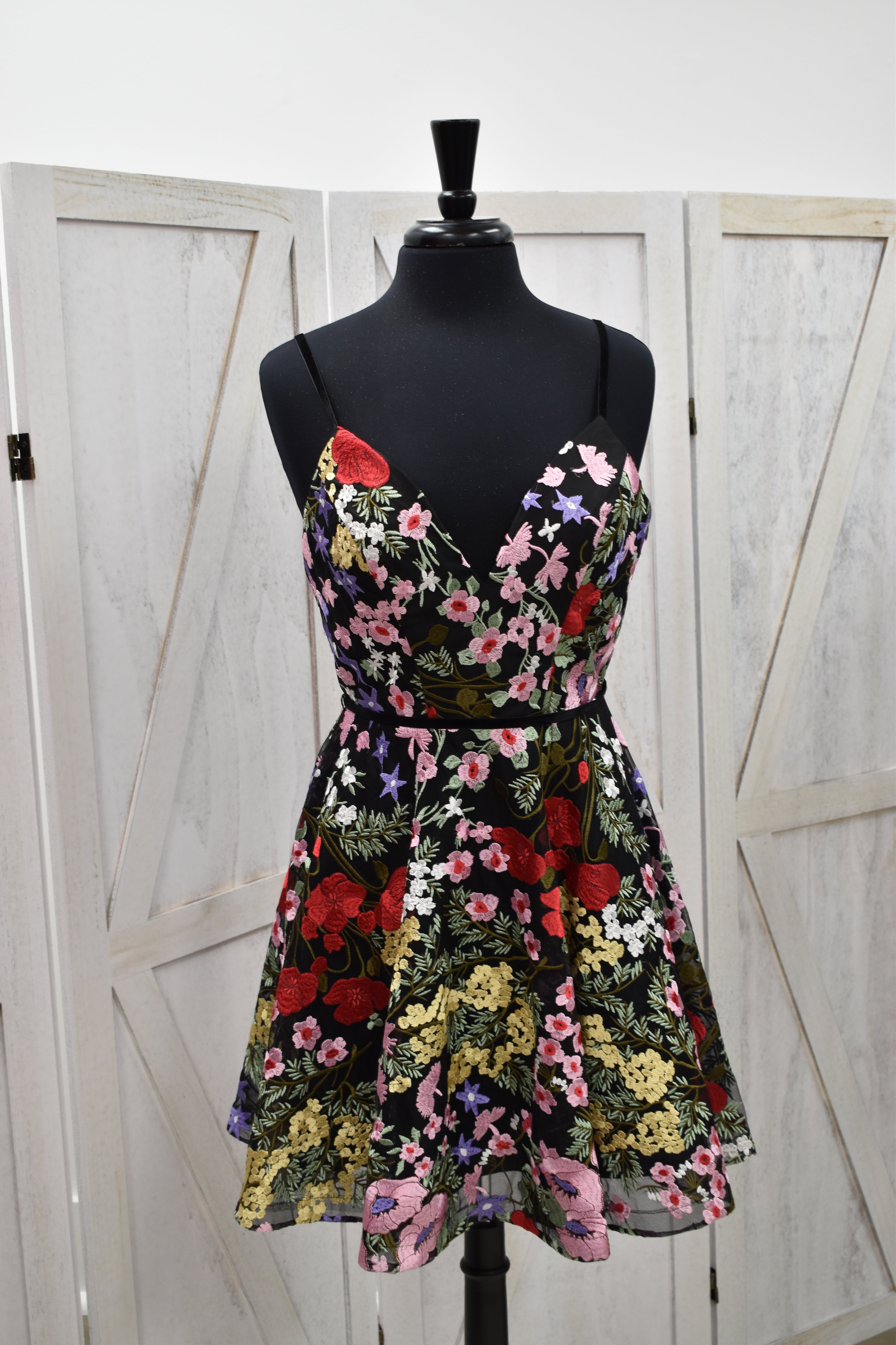 Black Floral Embroidered Fit & Flare Mini Dress