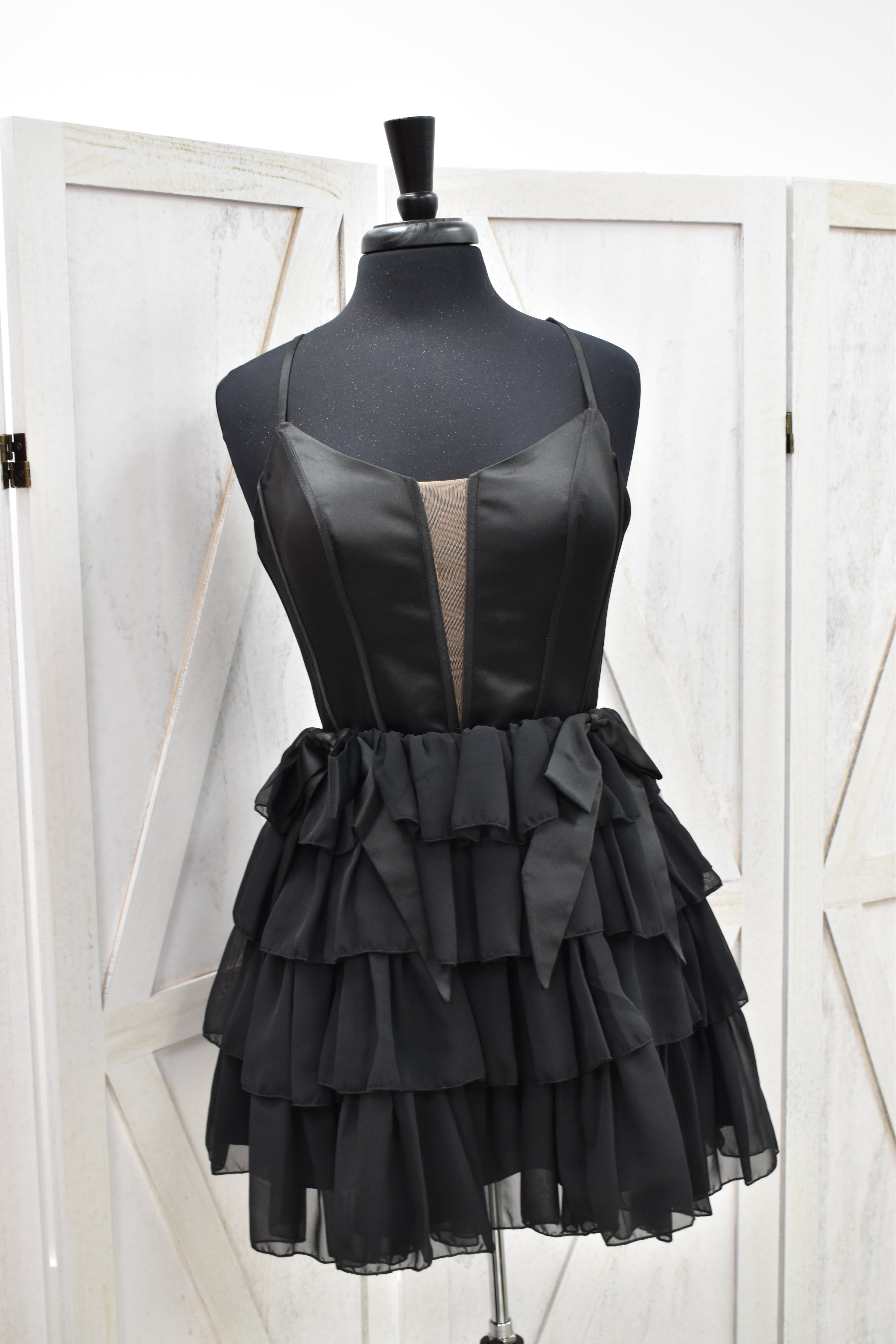 Black Chiffon Ruffle Tiered Plunge Mini Dress