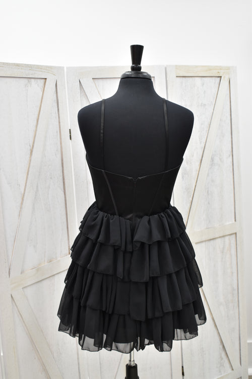 Black Chiffon Ruffle Tiered Plunge Mini Dress