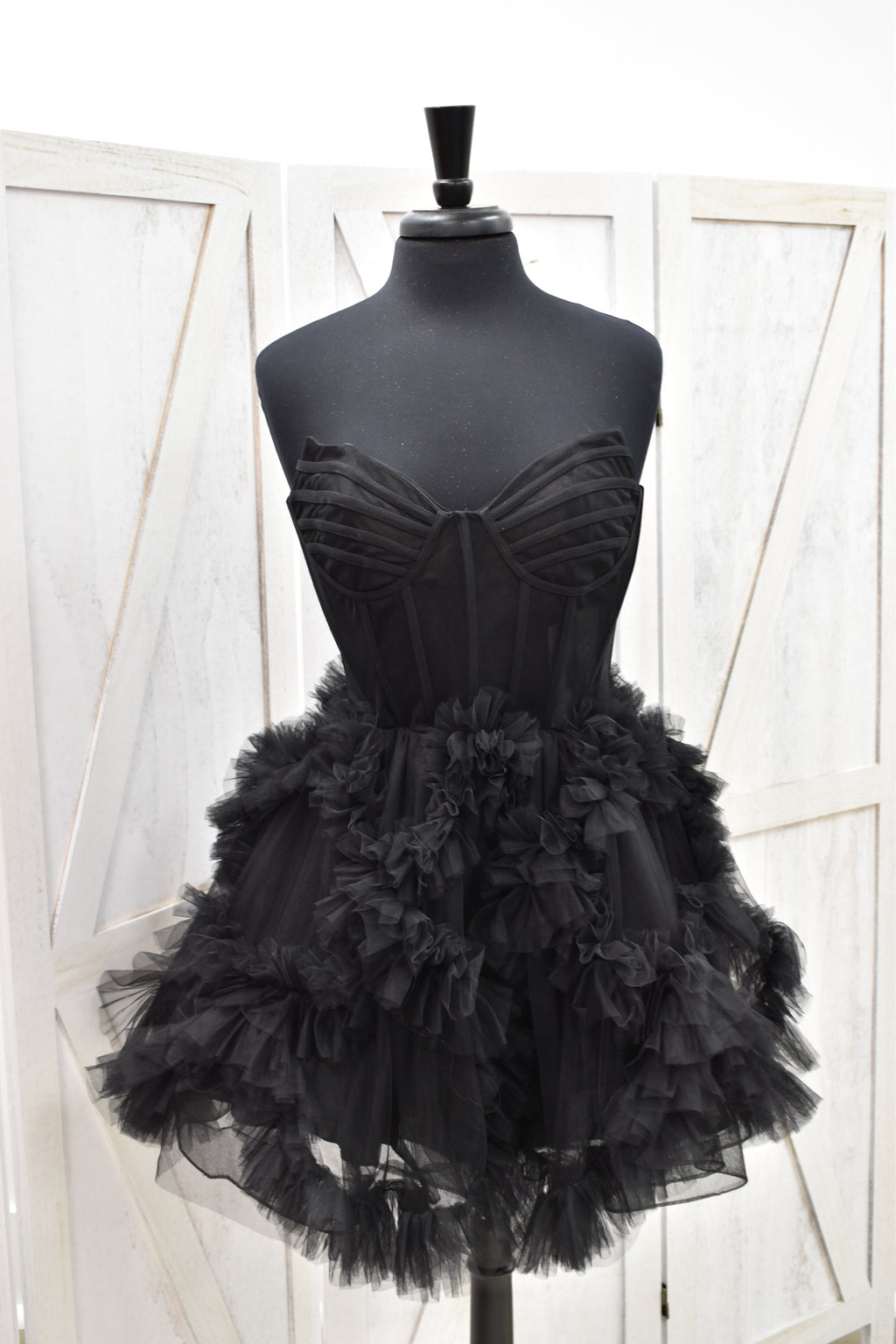 Black Tulle Strapless Sweetheart Corset Puff Mini Dress