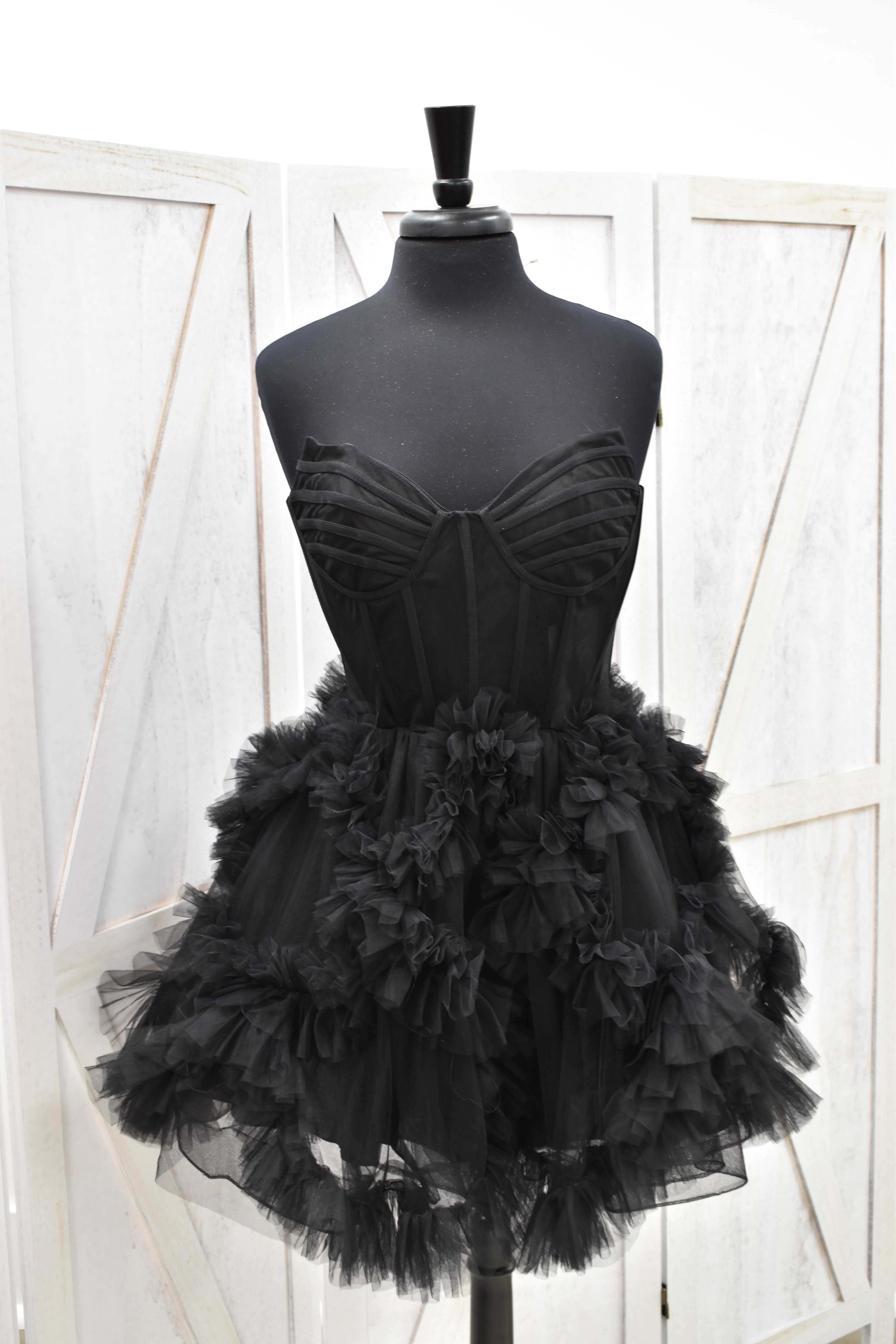 Black Tulle Strapless Sweetheart Corset Puff Mini Dress