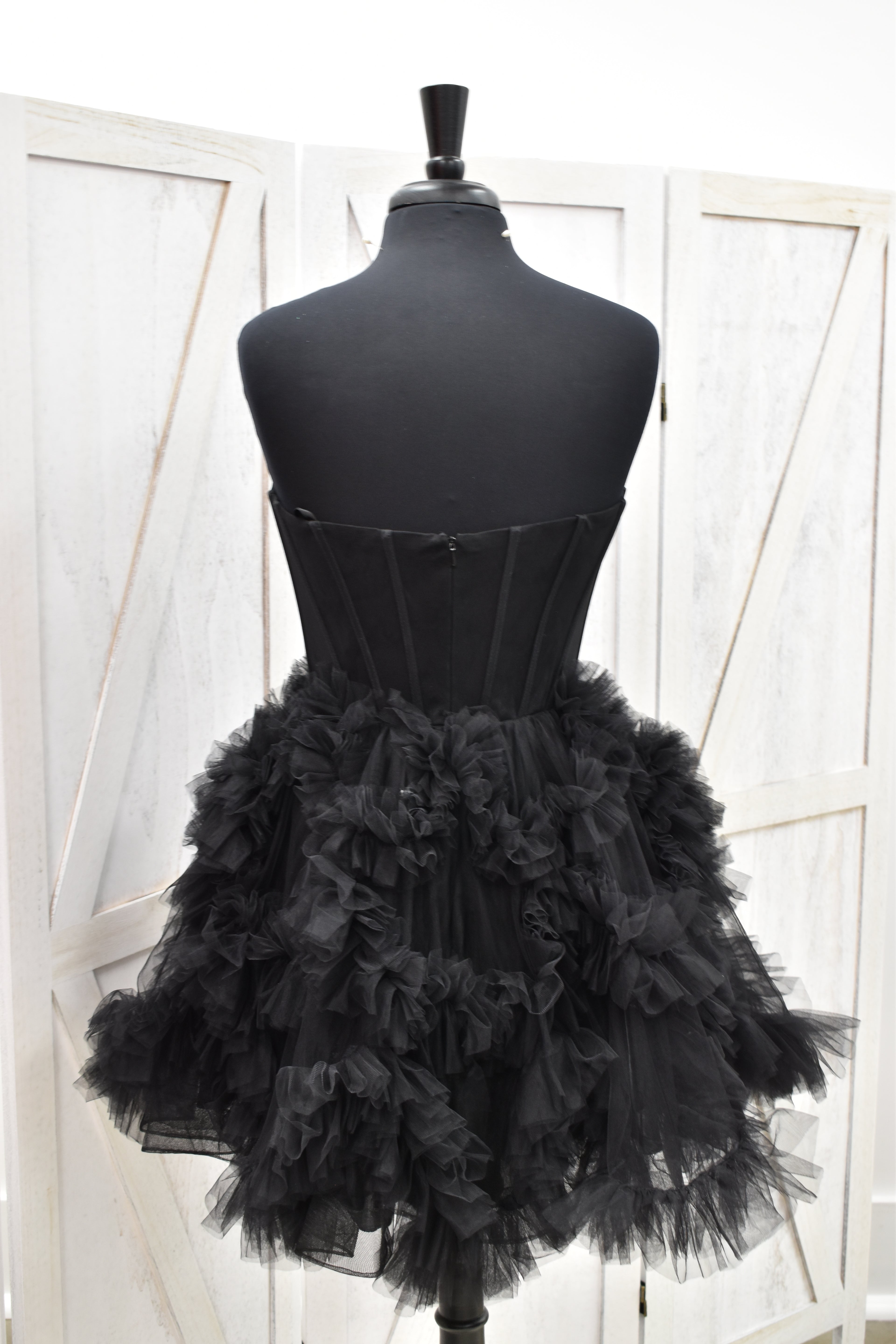 Black Tulle Strapless Sweetheart Corset Puff Mini Dress