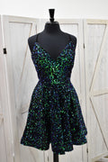 Navy & Green Iridescent Sequin V-Neck Fit & Flare Mini Dress