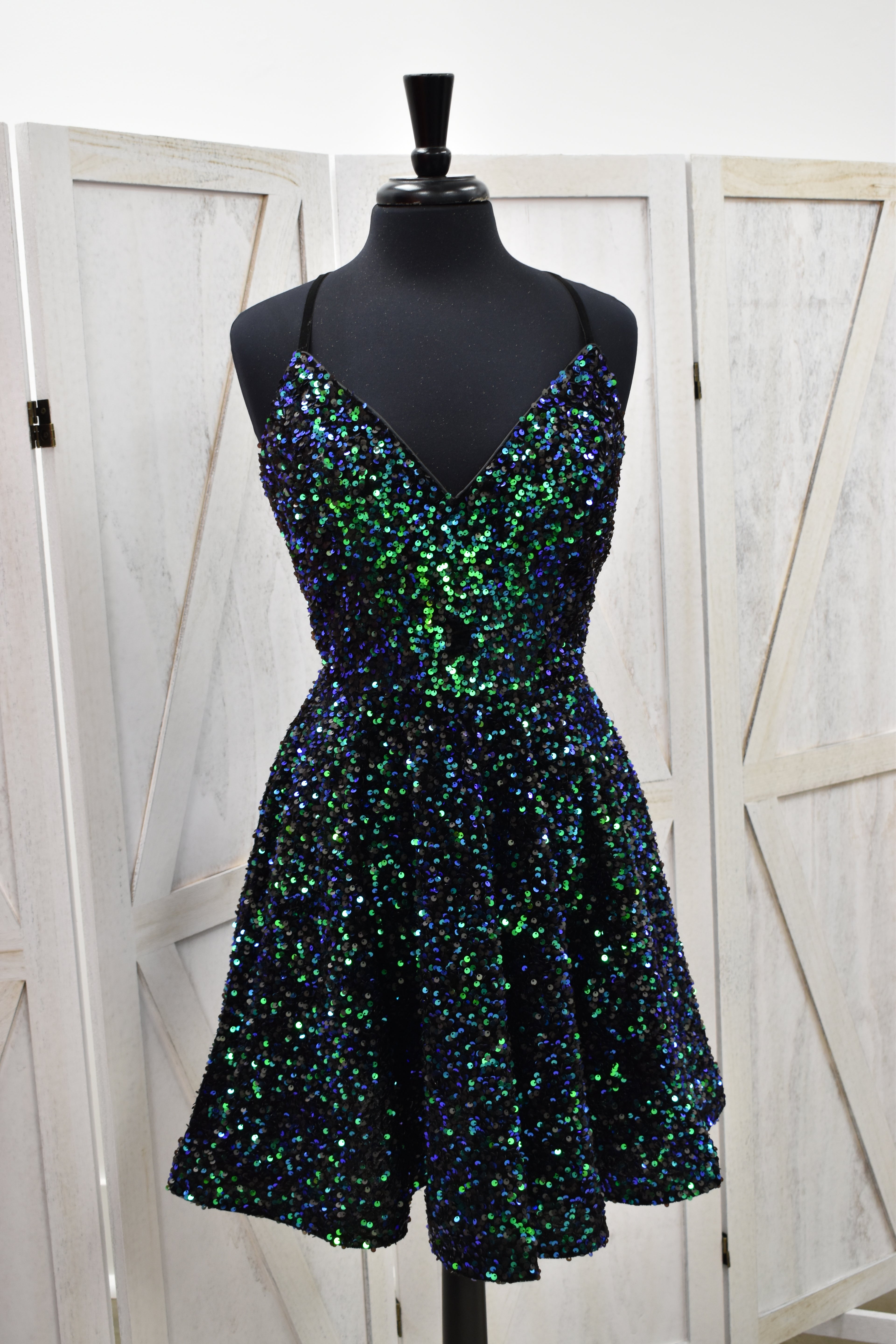 Navy & Green Iridescent Sequin V-Neck Fit & Flare Mini Dress