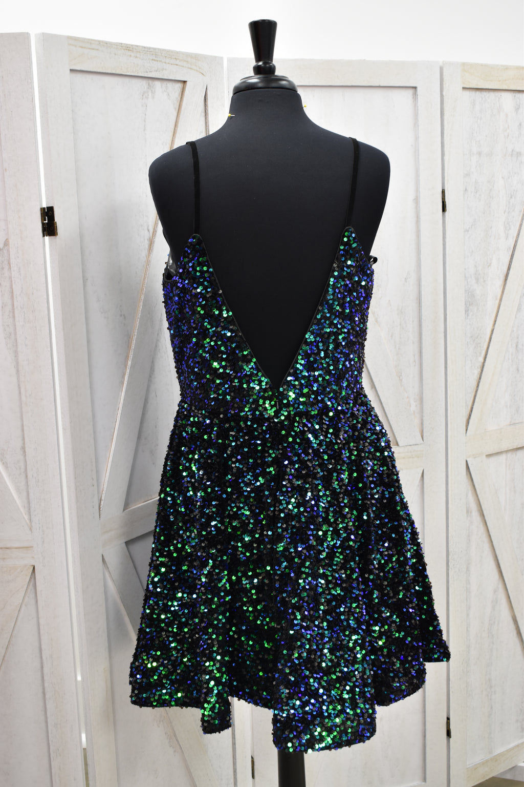 Navy & Green Iridescent Sequin V-Neck Fit & Flare Mini Dress