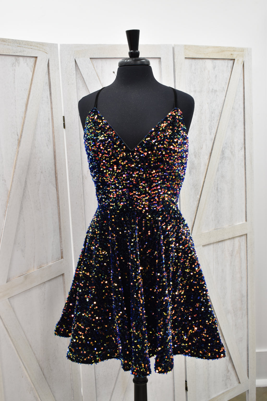 Black Multi-Color Confetti Sequin V-Neck Fit & Flare Mini Dress