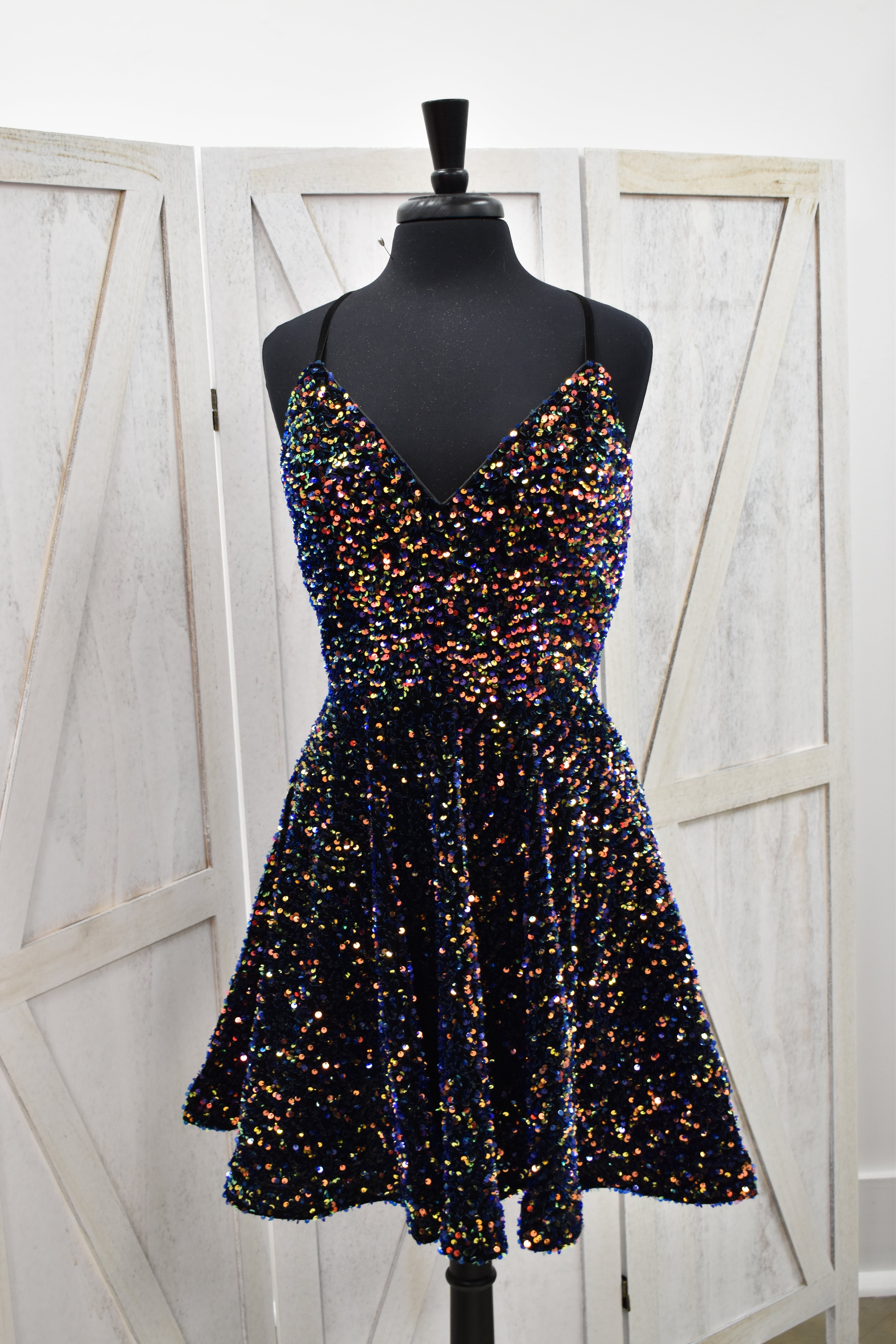 Black Multi-Color Confetti Sequin V-Neck Fit & Flare Mini Dress