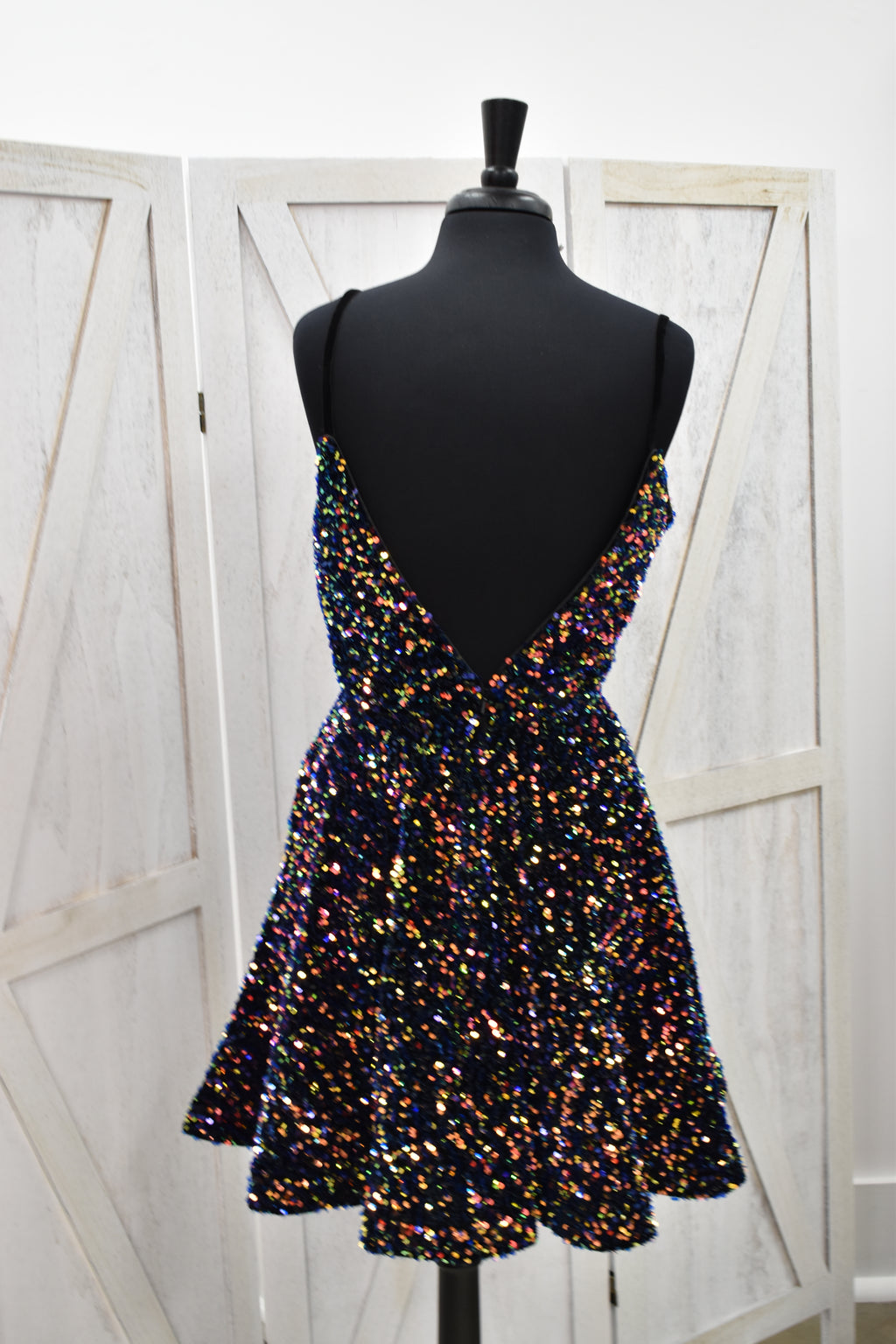 Black Multi-Color Confetti Sequin V-Neck Fit & Flare Mini Dress