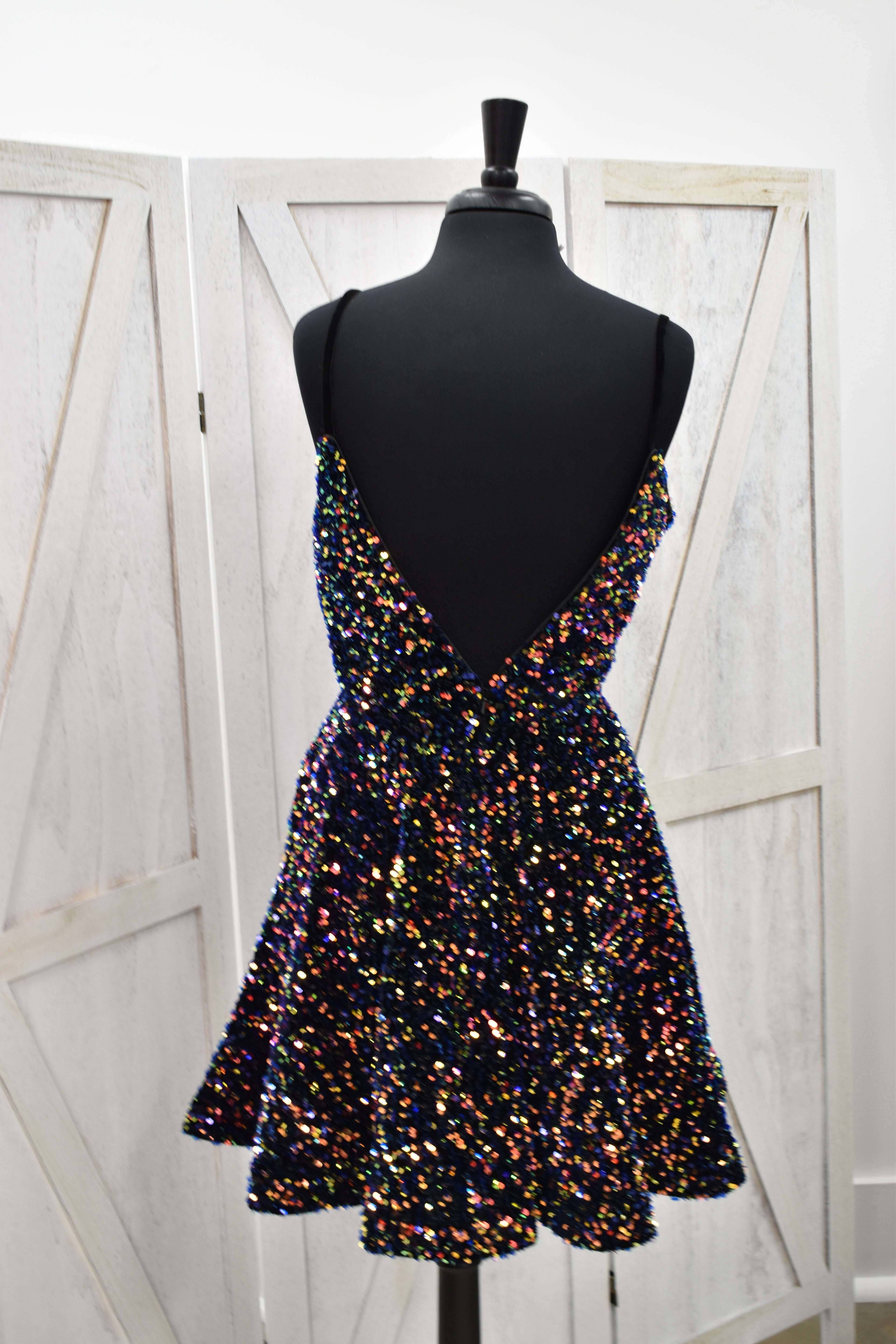 Black Multi-Color Confetti Sequin V-Neck Fit & Flare Mini Dress