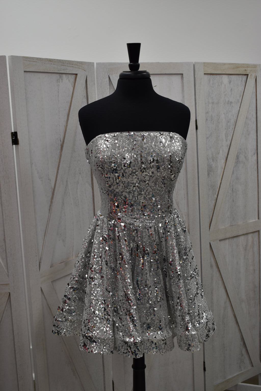 Silver Sequin Strapless Lace-Up Back Puff Mini Dress