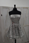 Silver Sequin Strapless Lace-Up Back Puff Mini Dress