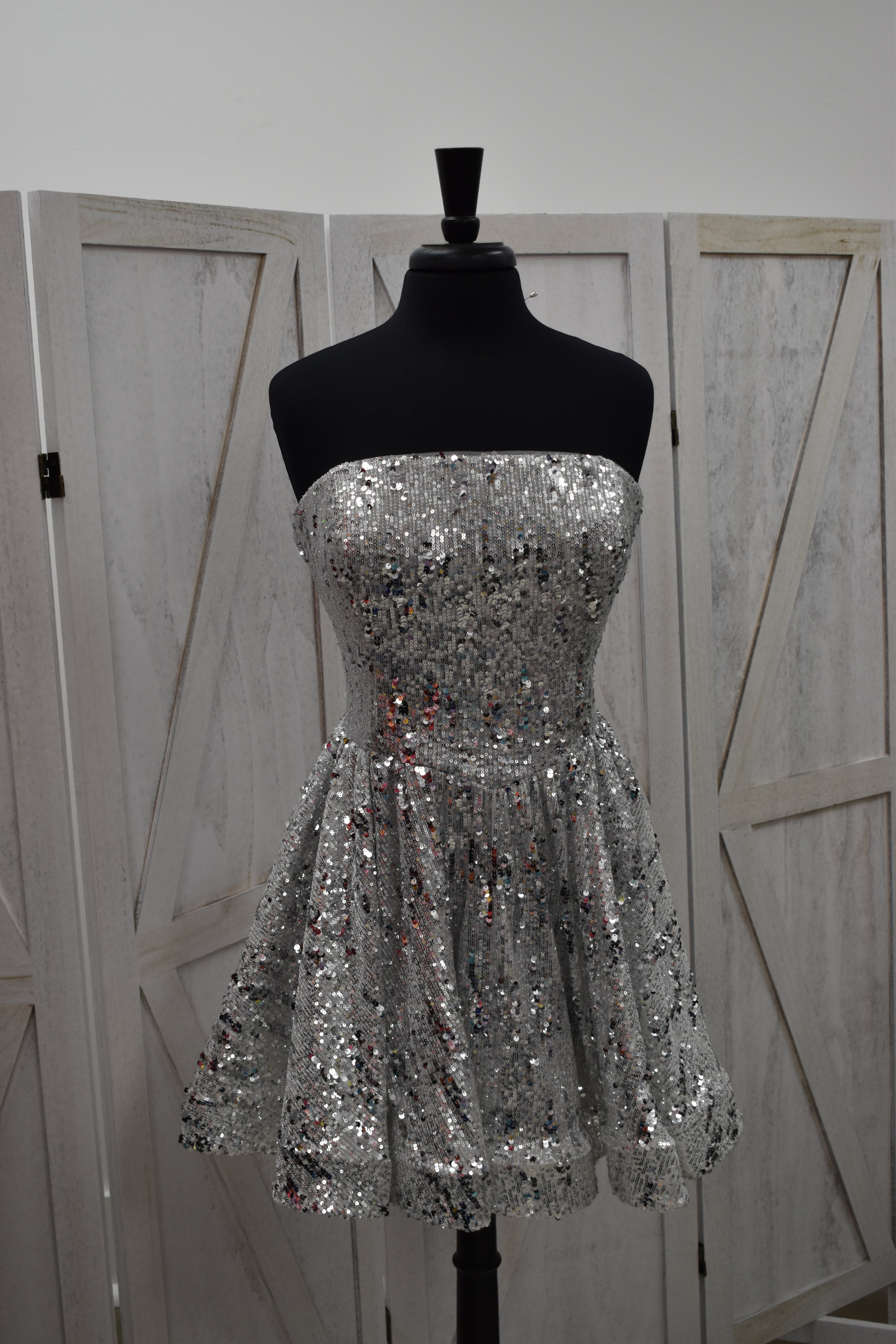 Silver Sequin Strapless Lace-Up Back Puff Mini Dress