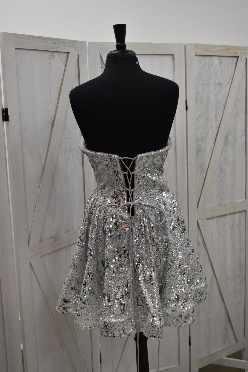 Silver Sequin Strapless Lace-Up Back Puff Mini Dress
